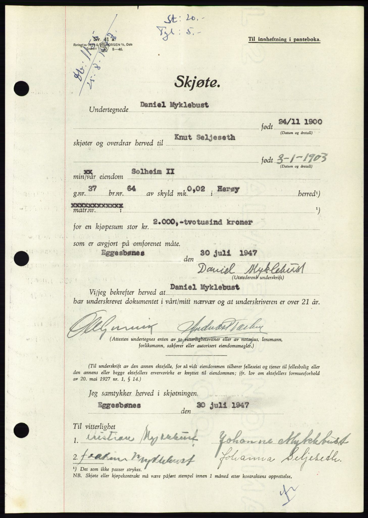 Søre Sunnmøre sorenskriveri, AV/SAT-A-4122/1/2/2C/L0081: Mortgage book no. 7A, 1947-1948, Diary no: : 1155/1947