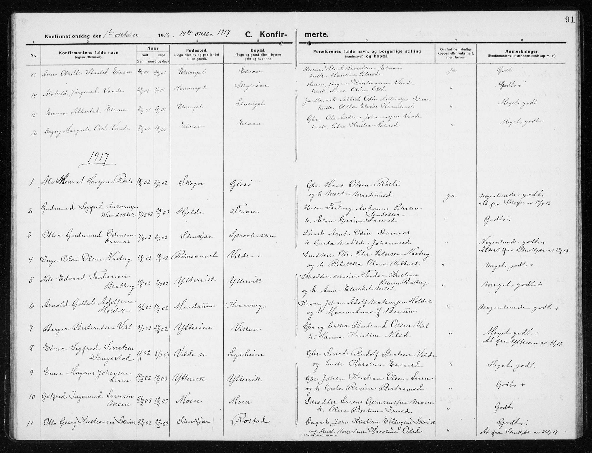 Ministerialprotokoller, klokkerbøker og fødselsregistre - Nord-Trøndelag, SAT/A-1458/741/L0402: Parish register (copy) no. 741C03, 1911-1926, p. 91