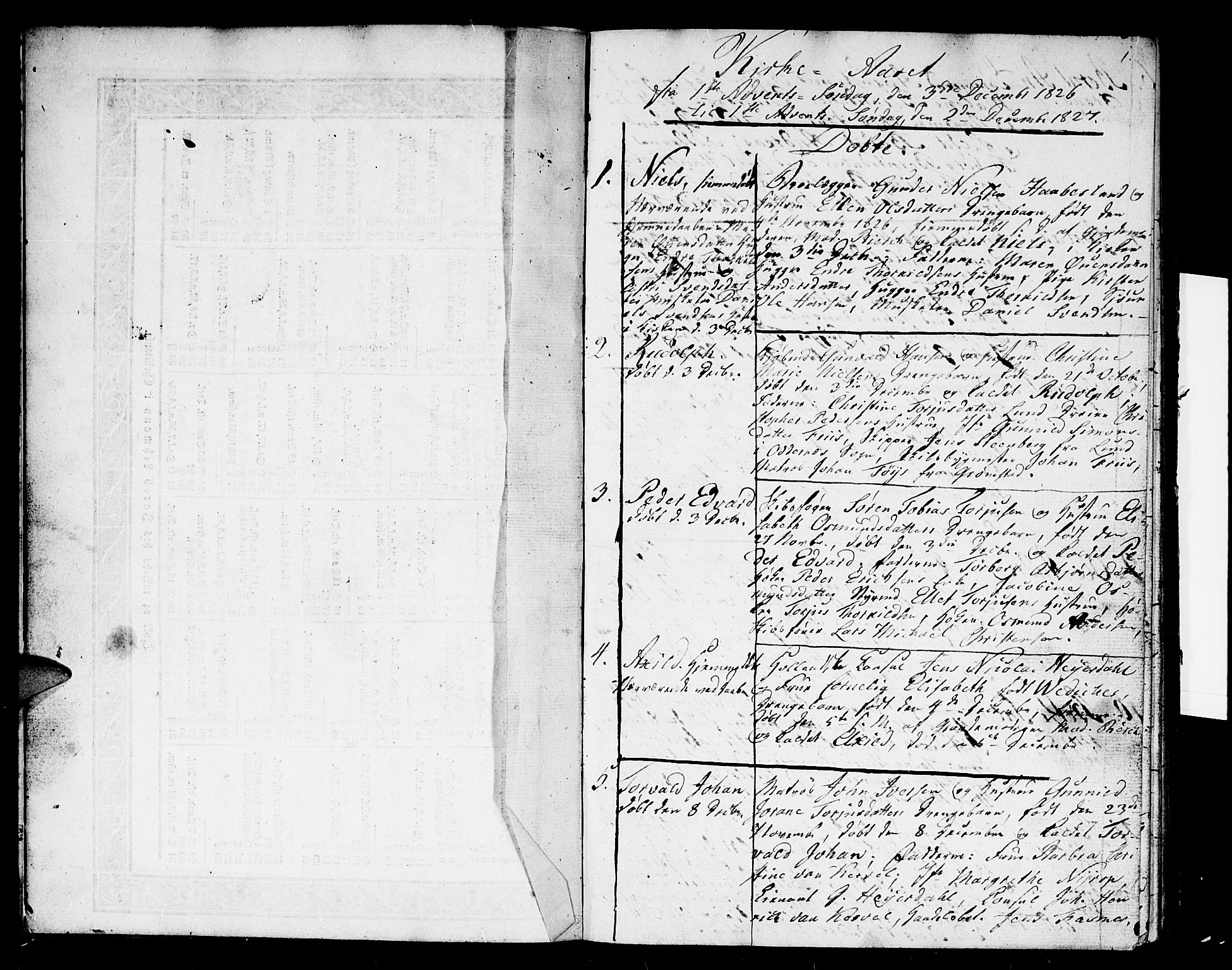 Kristiansand domprosti, SAK/1112-0006/F/Fb/L0004: Parish register (copy) no. B 4, 1826-1827, p. 0-1