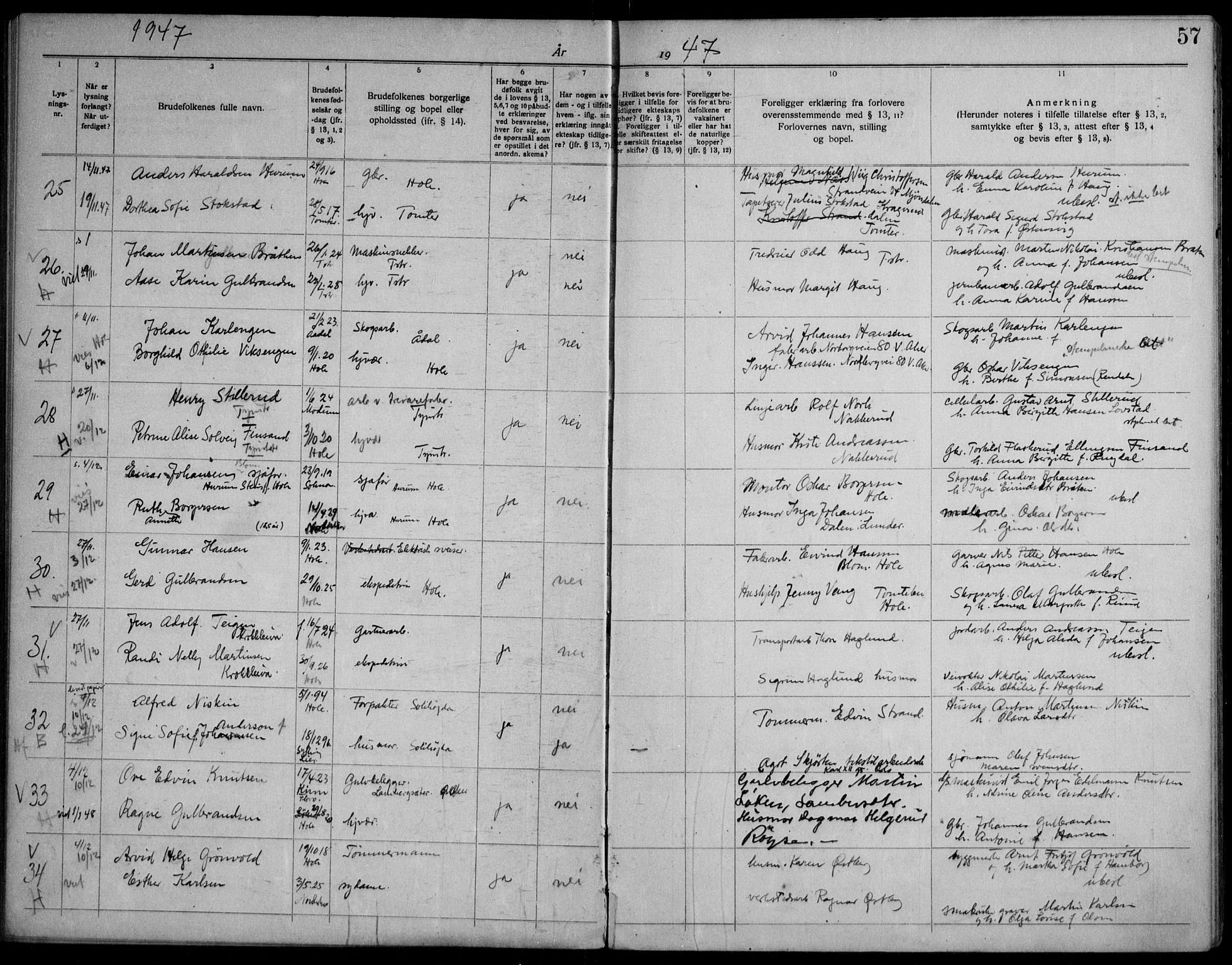 Hole kirkebøker, AV/SAKO-A-228/H/Ha/L0004: Banns register no. 4, 1919-1960, p. 57