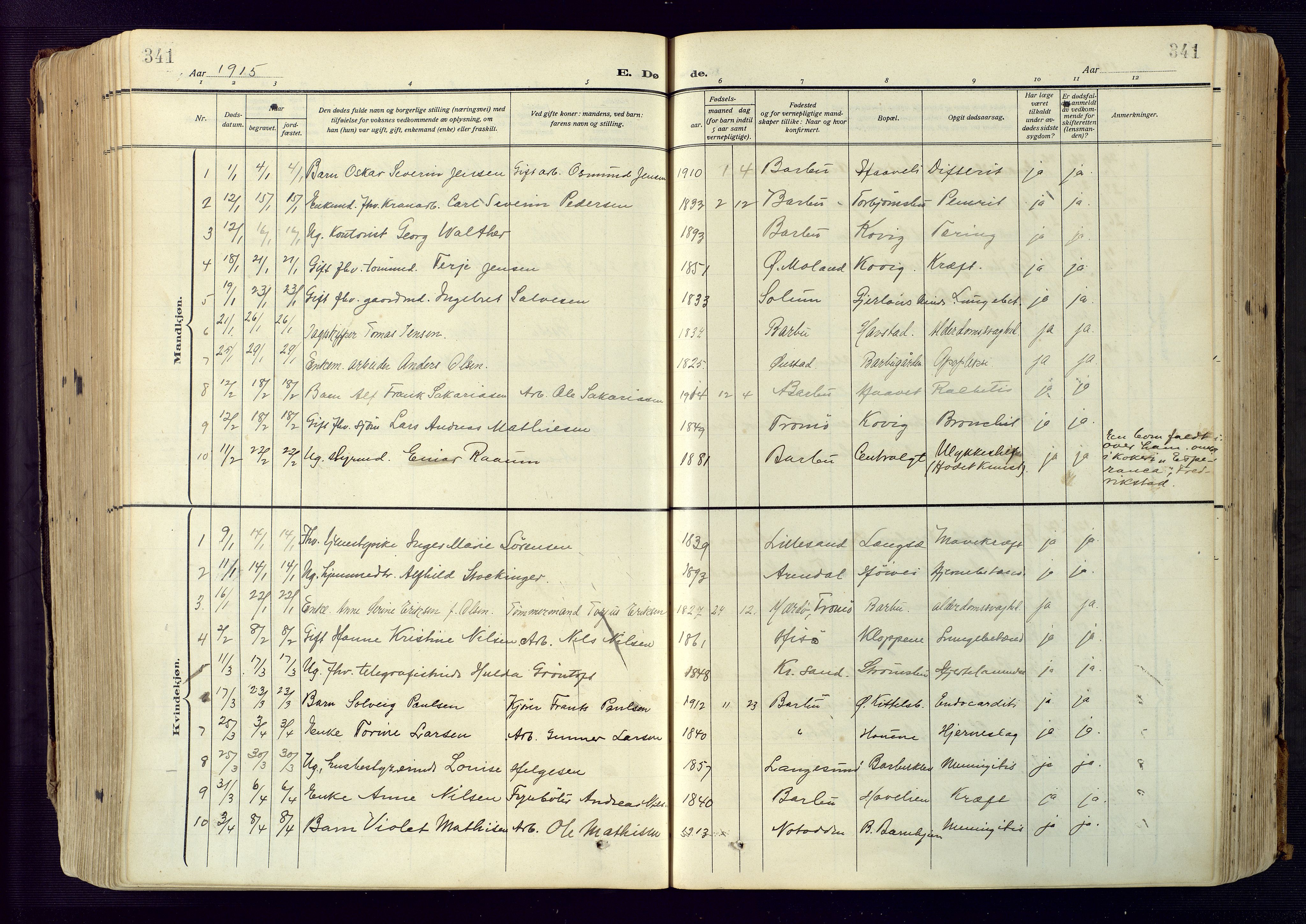 Barbu sokneprestkontor, SAK/1111-0003/F/Fa/L0006: Parish register (official) no. A 6, 1910-1929, p. 341