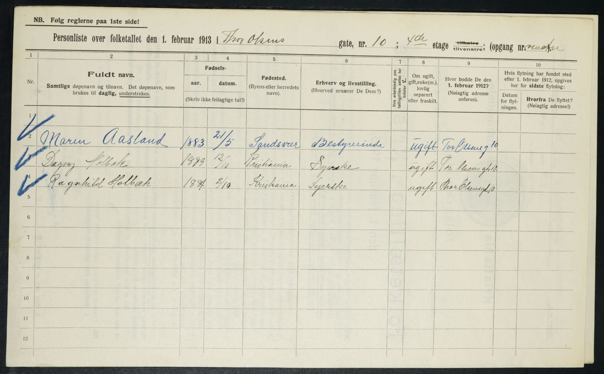 OBA, Municipal Census 1913 for Kristiania, 1913, p. 109532