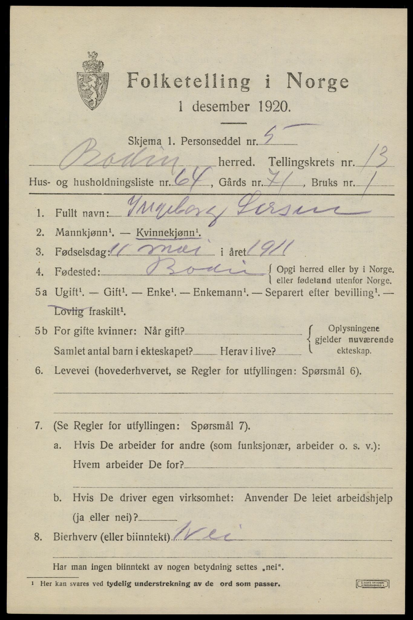 SAT, 1920 census for Bodin, 1920, p. 10116