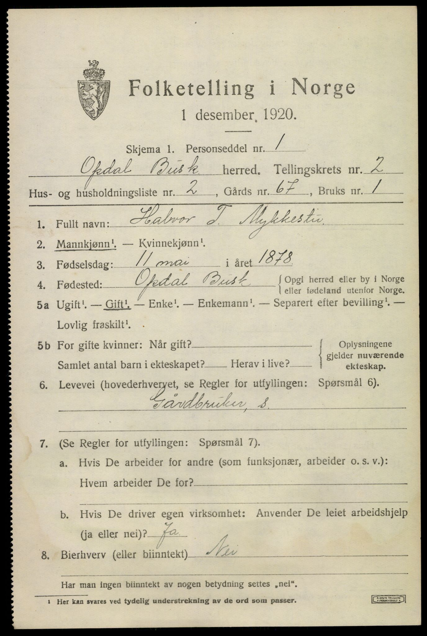 SAKO, 1920 census for Uvdal, 1920, p. 1307