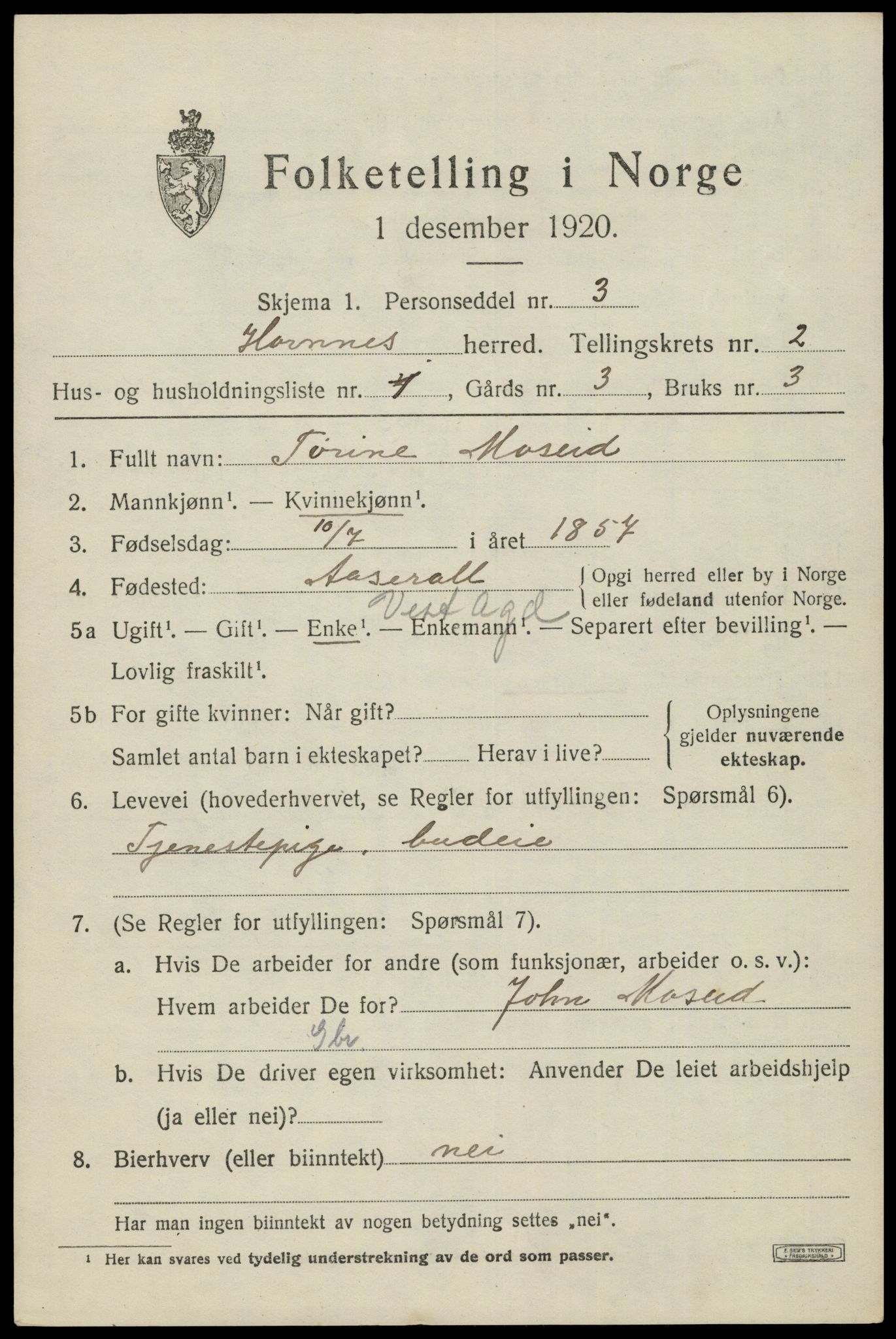 SAK, 1920 census for Hornnes, 1920, p. 705