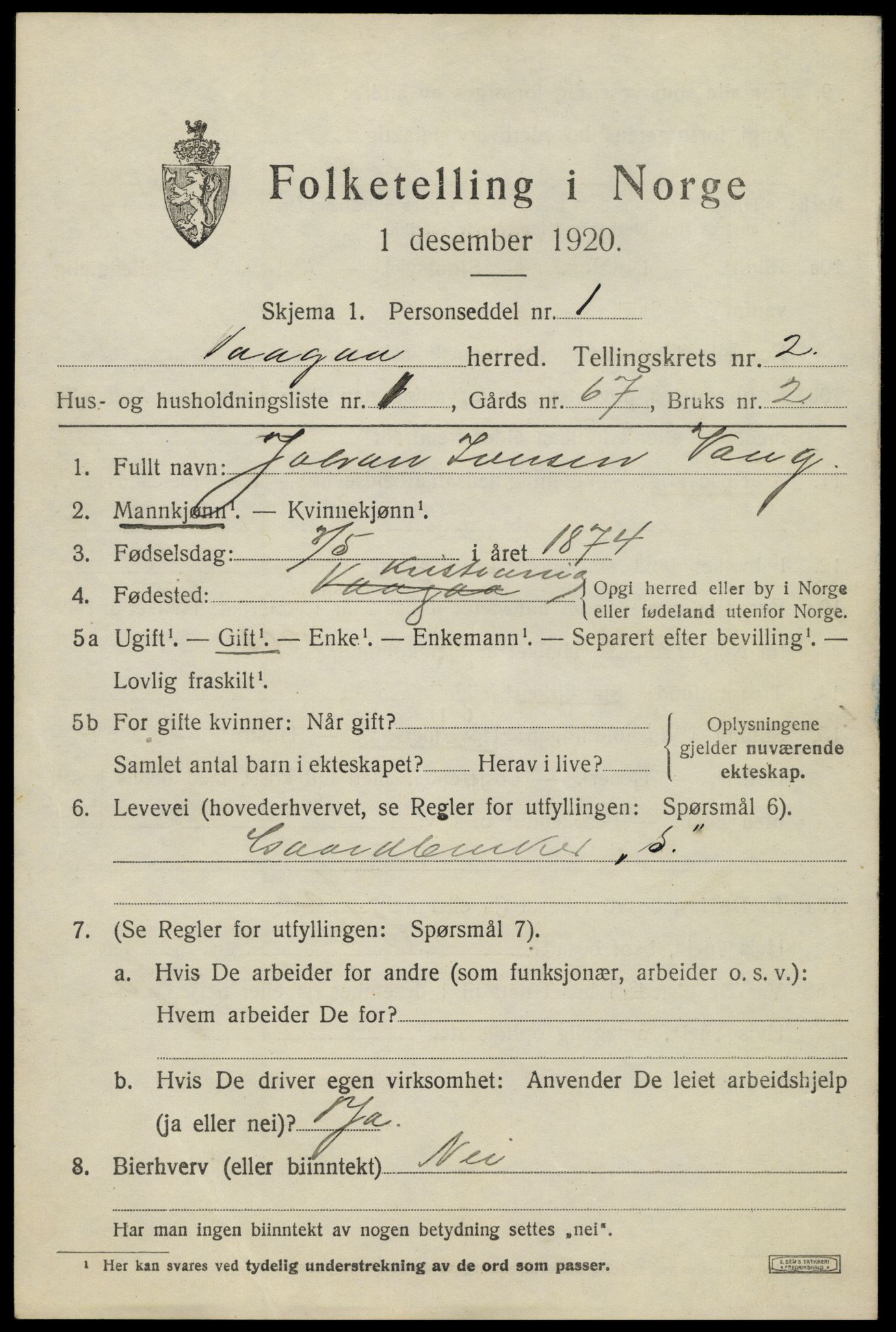 SAH, 1920 census for Vågå, 1920, p. 2020