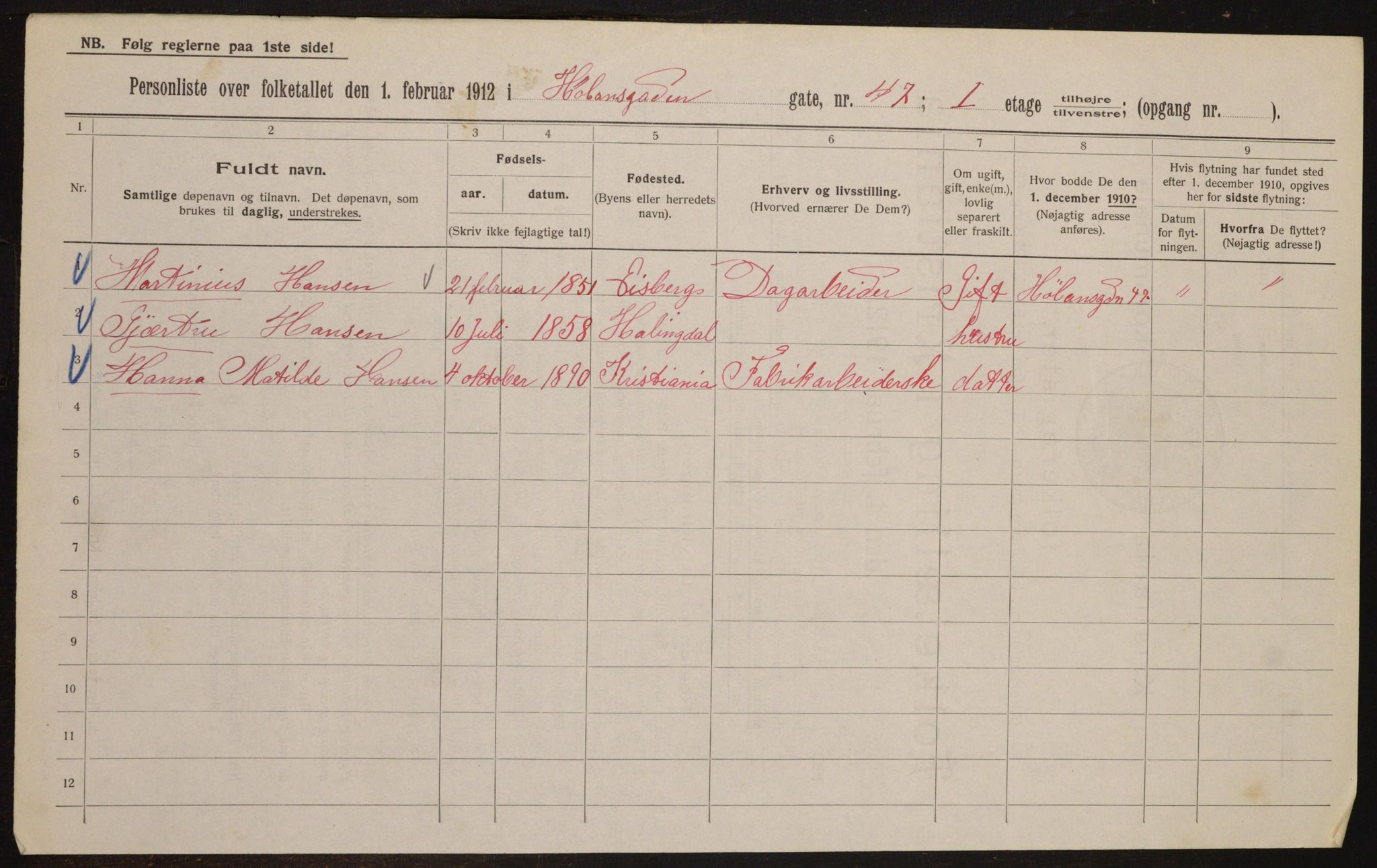 OBA, Municipal Census 1912 for Kristiania, 1912, p. 43100