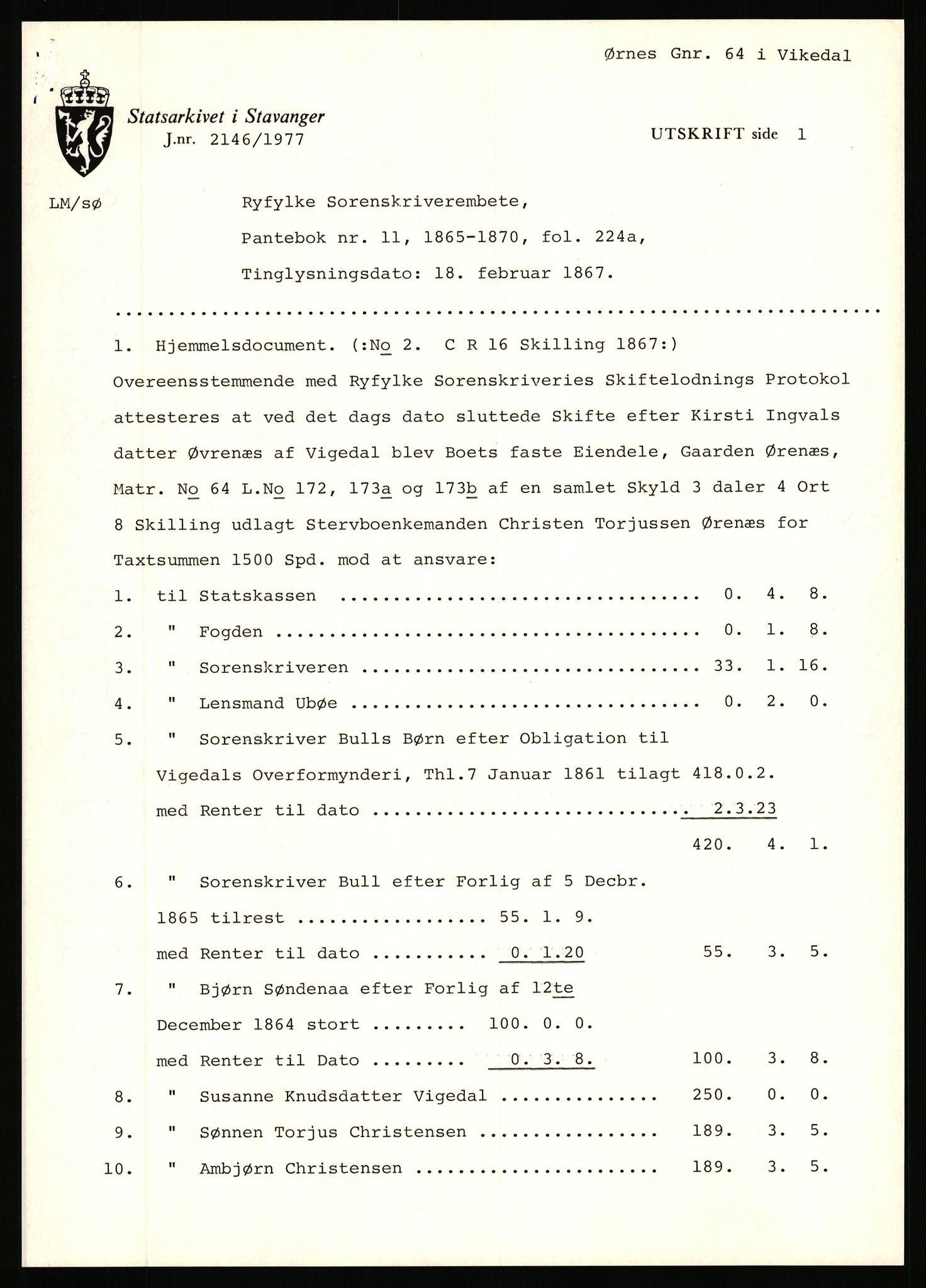 Statsarkivet i Stavanger, AV/SAST-A-101971/03/Y/Yj/L0098: Avskrifter sortert etter gårdsnavn: Øigrei - Østeinstad, 1750-1930, p. 311
