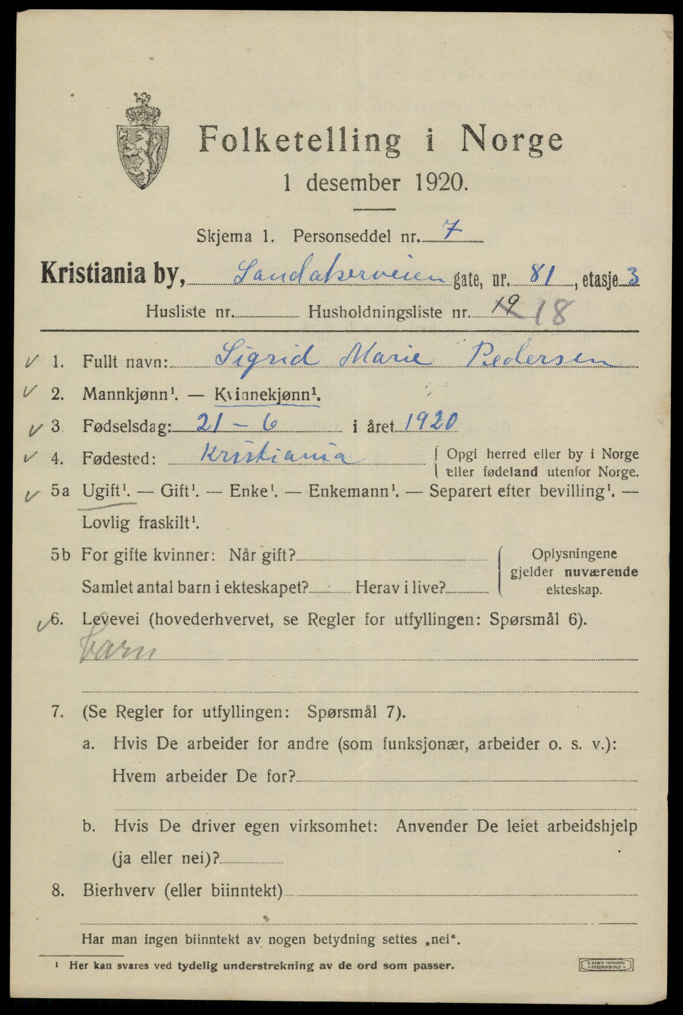 SAO, 1920 census for Kristiania, 1920, p. 480747