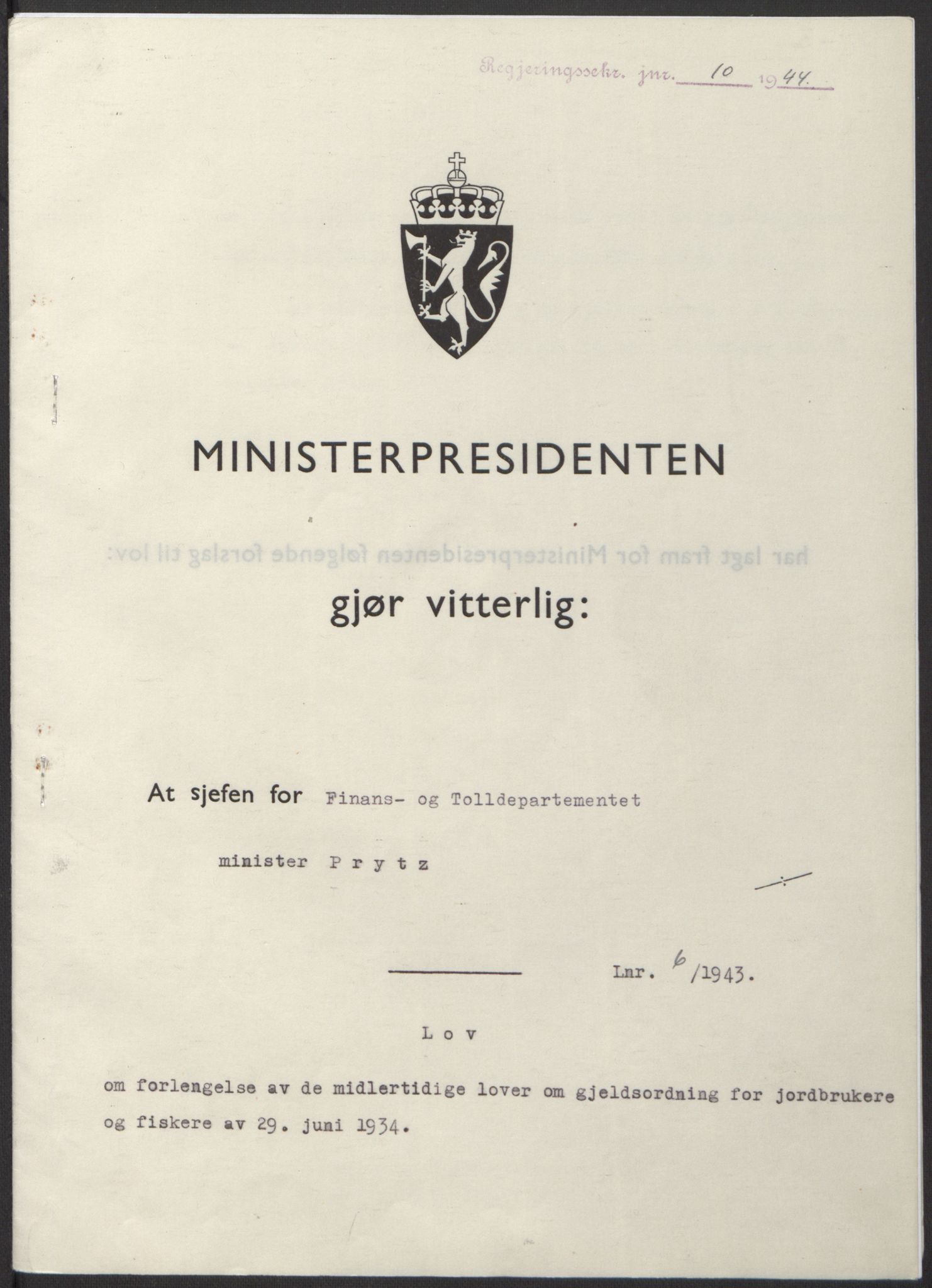 NS-administrasjonen 1940-1945 (Statsrådsekretariatet, de kommisariske statsråder mm), RA/S-4279/D/Db/L0100: Lover, 1944, p. 26