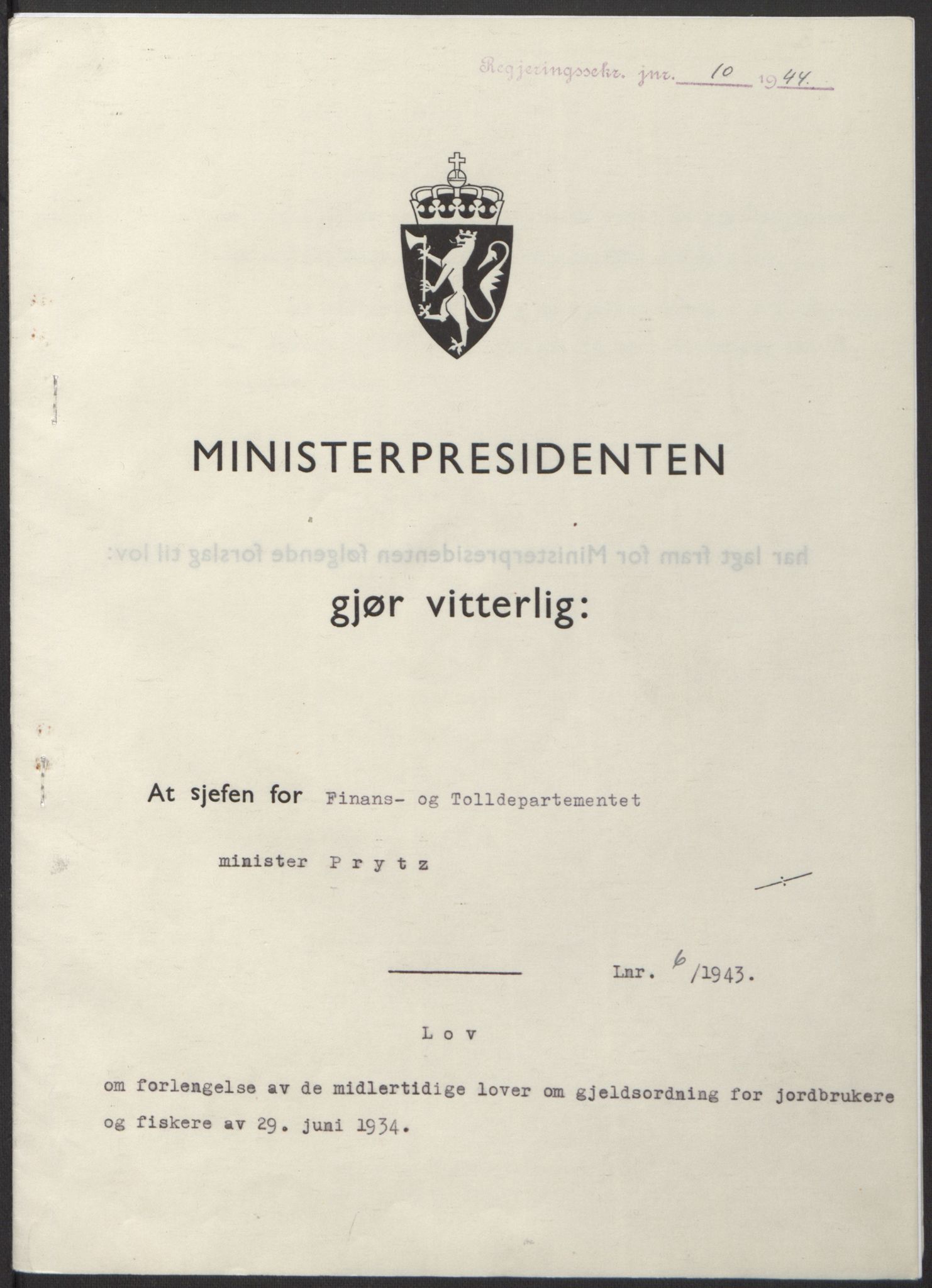 NS-administrasjonen 1940-1945 (Statsrådsekretariatet, de kommisariske statsråder mm), AV/RA-S-4279/D/Db/L0100: Lover, 1944, p. 26