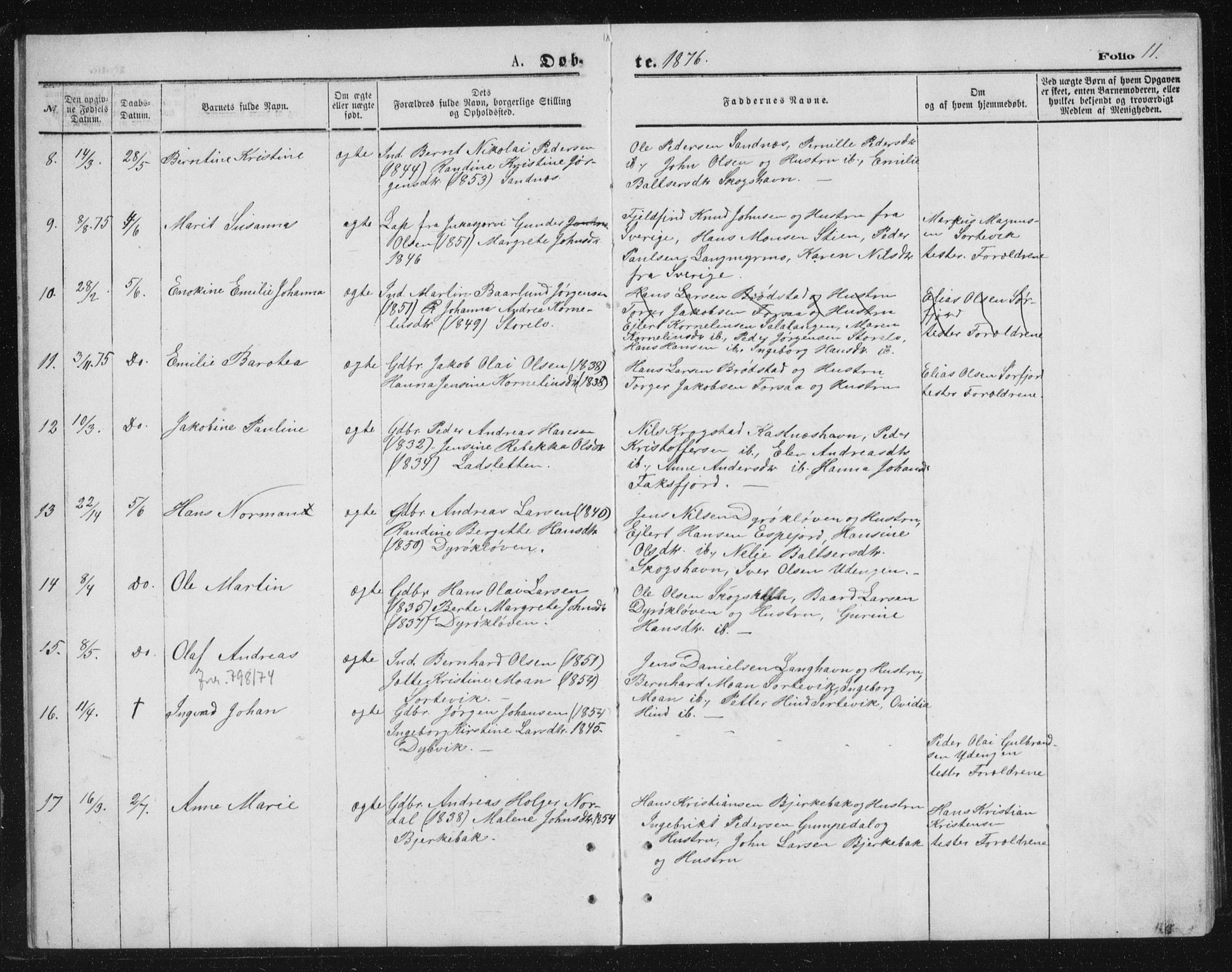 Tranøy sokneprestkontor, AV/SATØ-S-1313/I/Ia/Iab/L0013klokker: Parish register (copy) no. 13, 1874-1896, p. 11