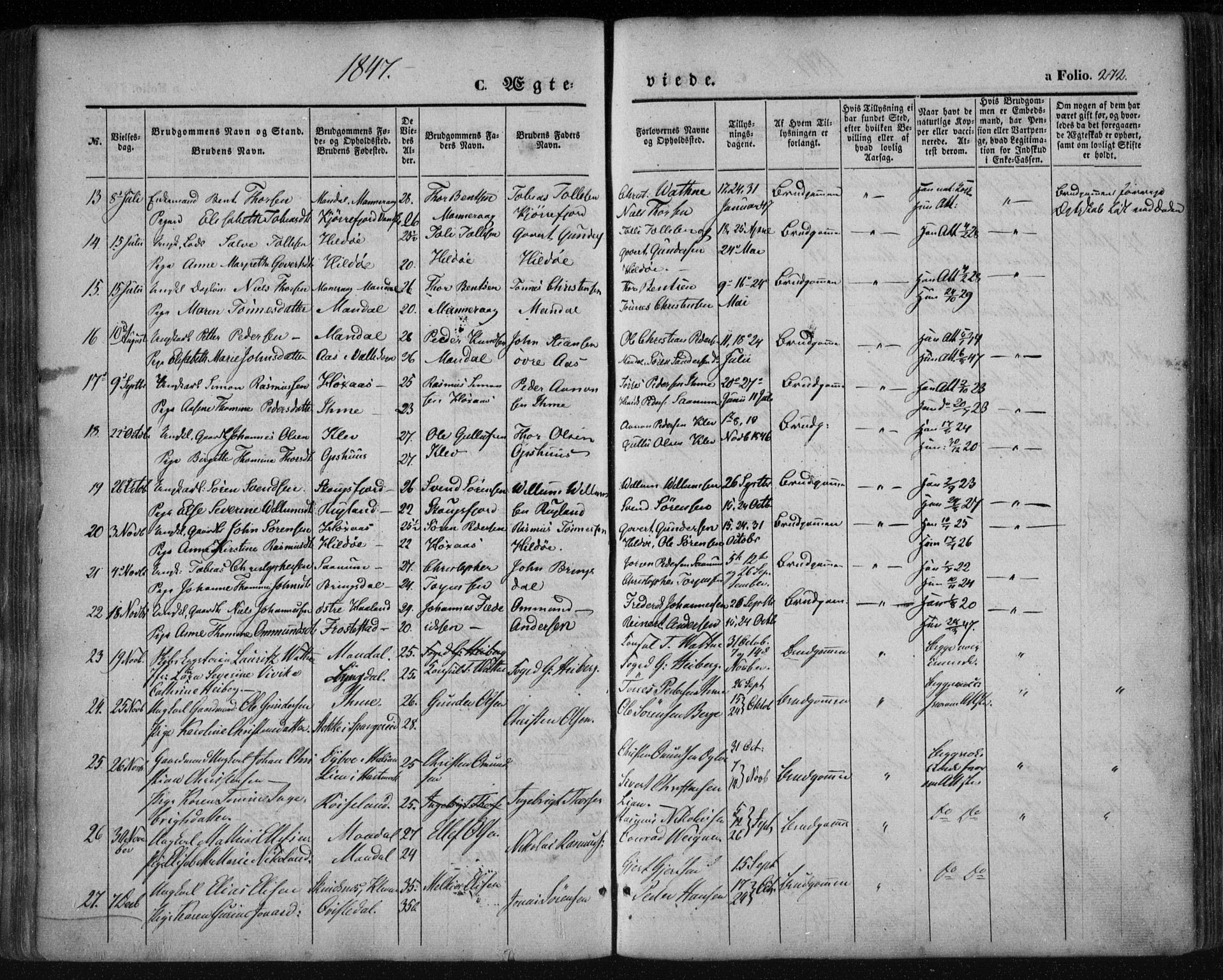 Mandal sokneprestkontor, AV/SAK-1111-0030/F/Fa/Faa/L0013: Parish register (official) no. A 13, 1847-1859, p. 272