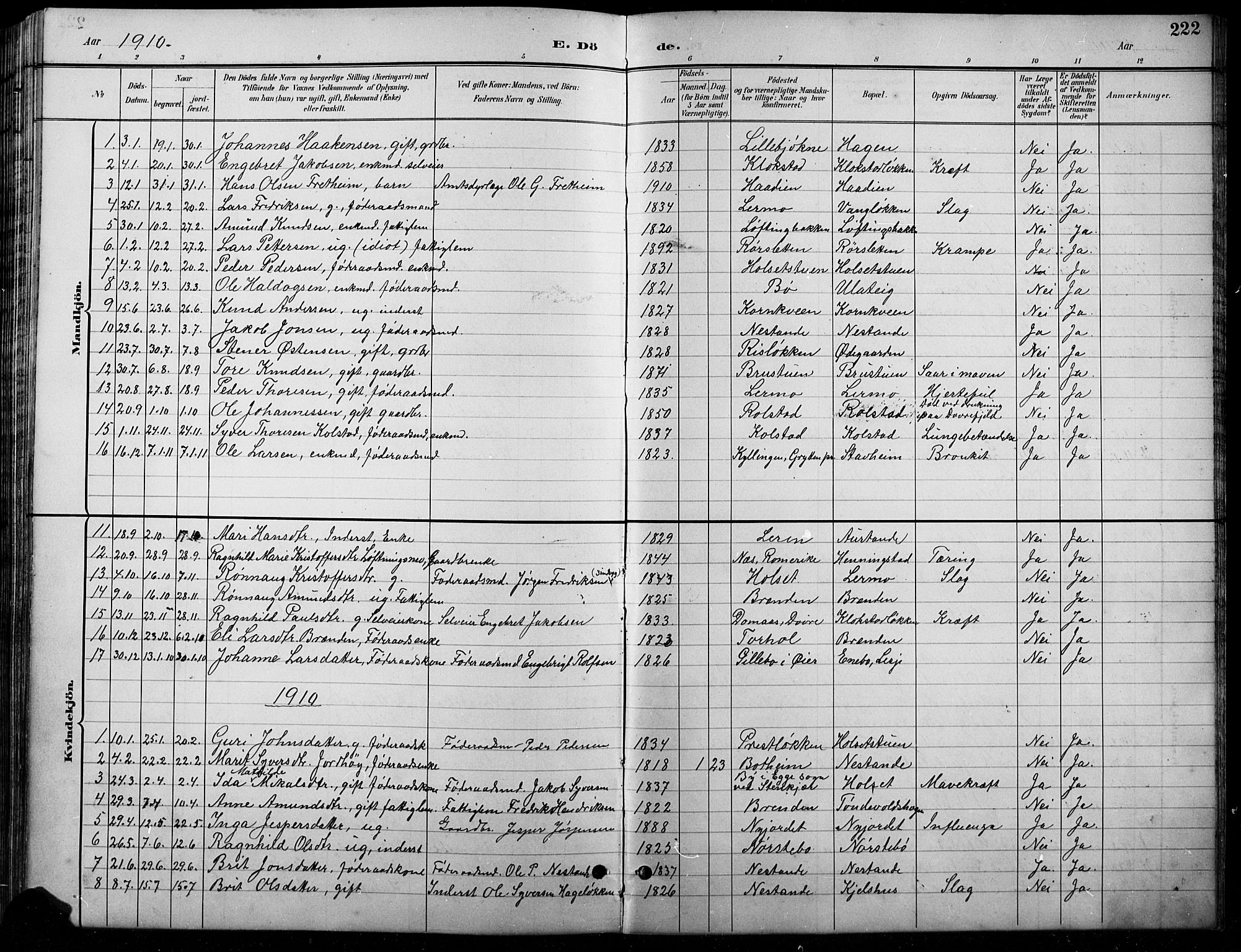 Lesja prestekontor, SAH/PREST-068/H/Ha/Hab/L0007: Parish register (copy) no. 7, 1895-1919, p. 222
