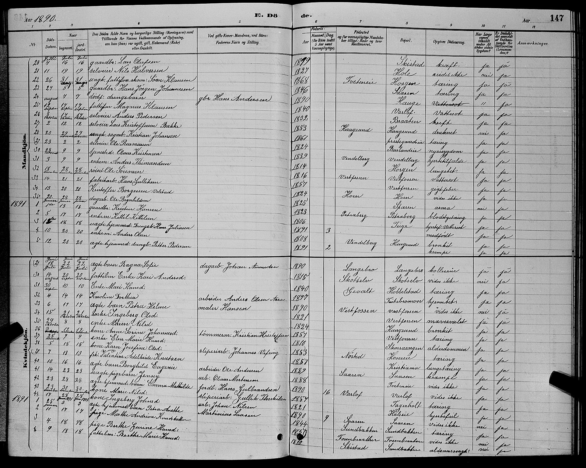 Eiker kirkebøker, SAKO/A-4/G/Ga/L0006: Parish register (copy) no. I 6, 1885-1893, p. 147