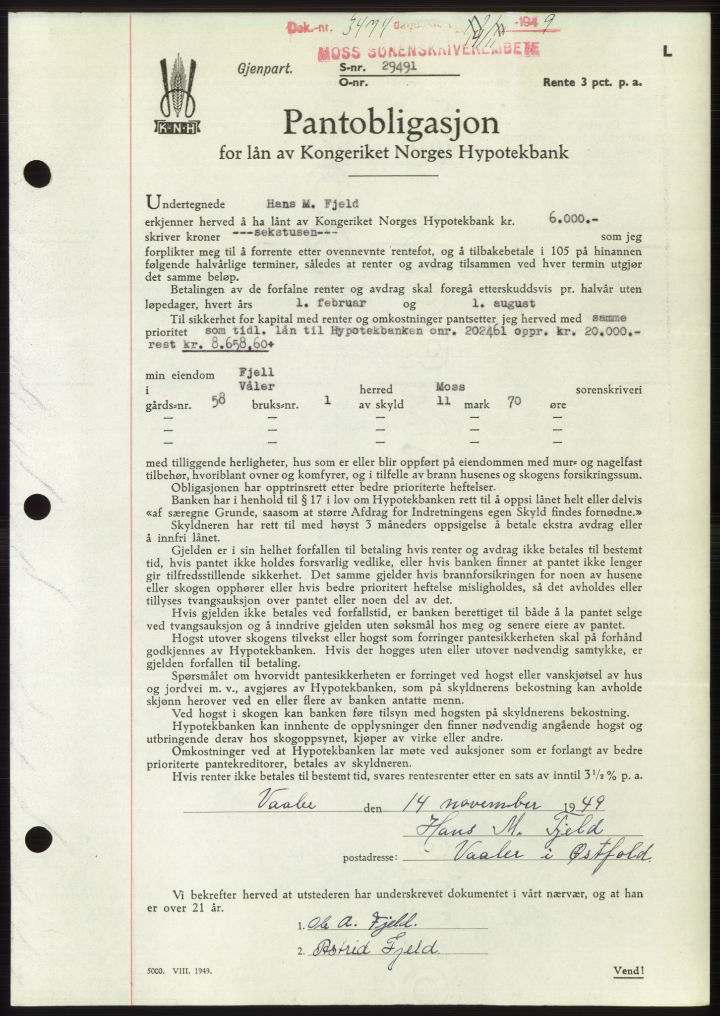 Moss sorenskriveri, SAO/A-10168: Mortgage book no. B23, 1949-1950, Diary no: : 3474/1949