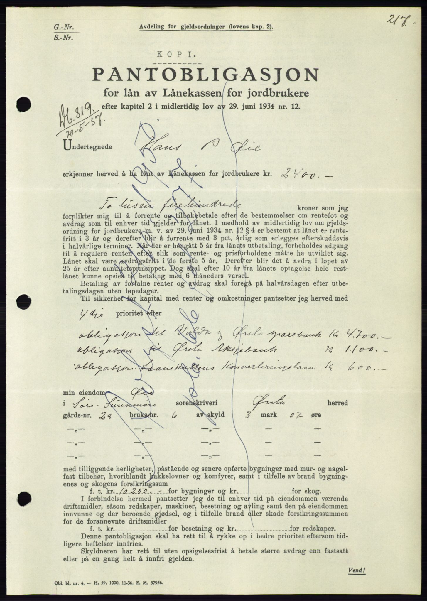 Søre Sunnmøre sorenskriveri, AV/SAT-A-4122/1/2/2C/L0063: Mortgage book no. 57, 1937-1937, Diary no: : 819/1937