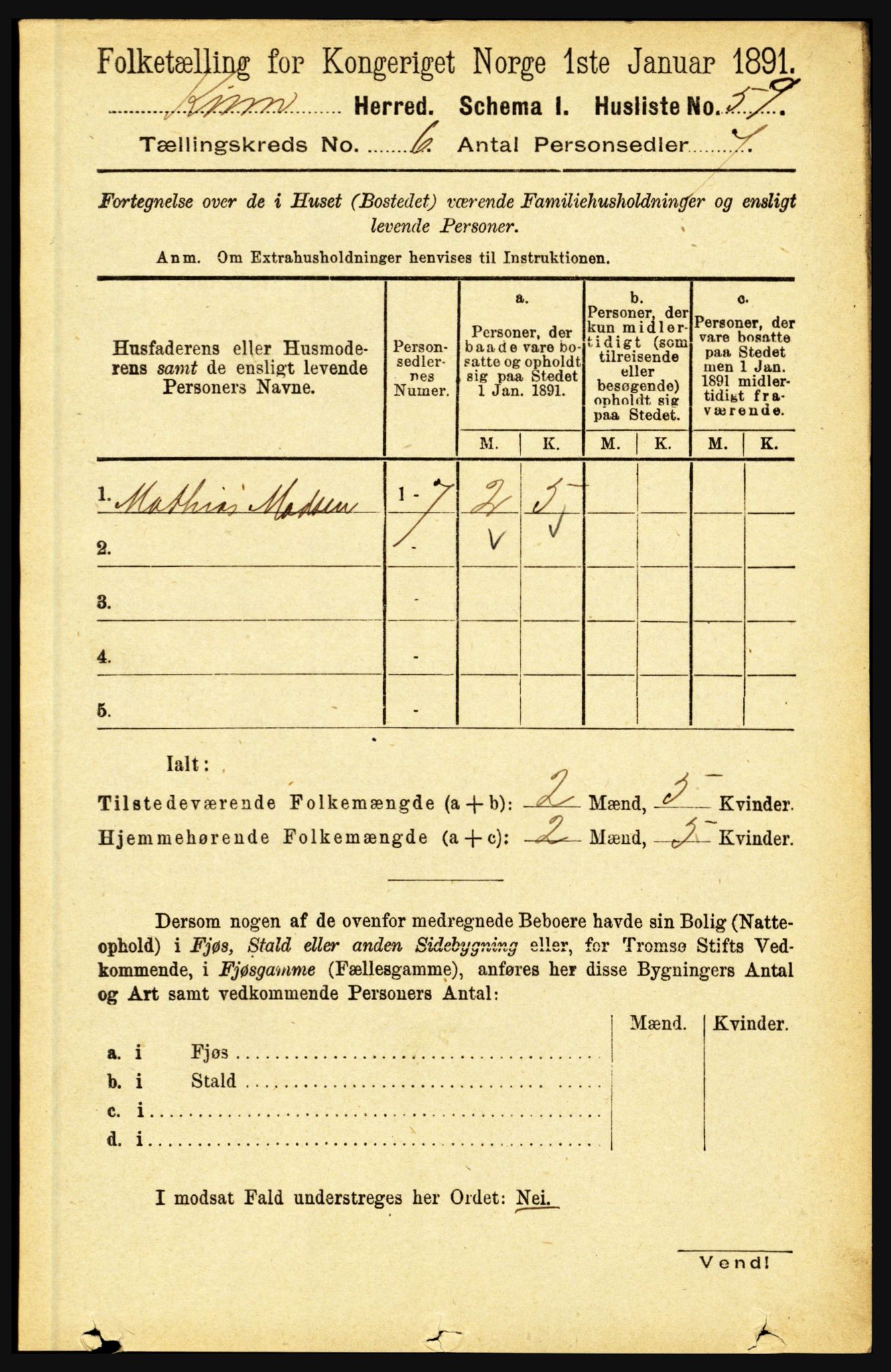 RA, 1891 census for 1437 Kinn, 1891, p. 2271