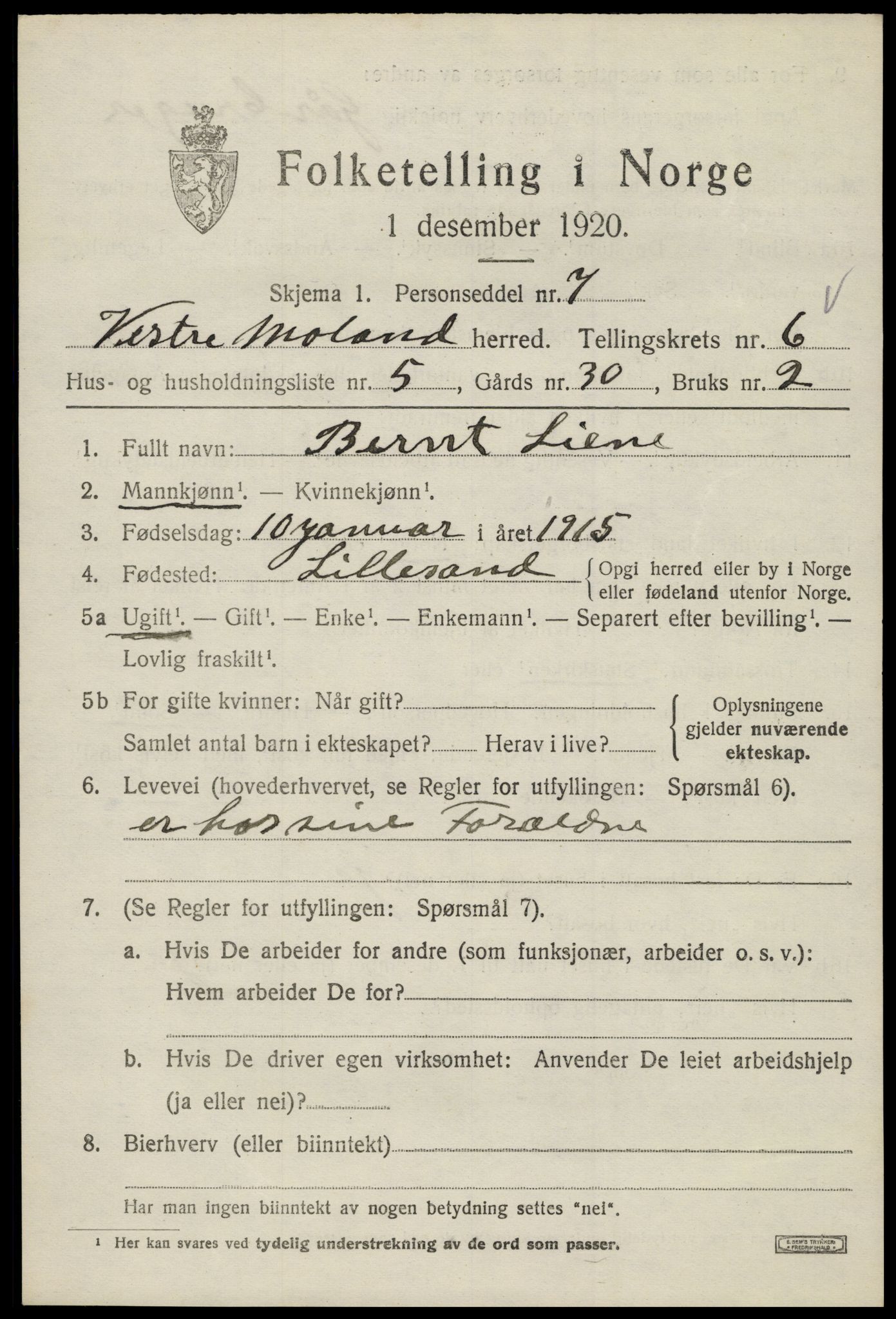 SAK, 1920 census for Vestre Moland, 1920, p. 4641