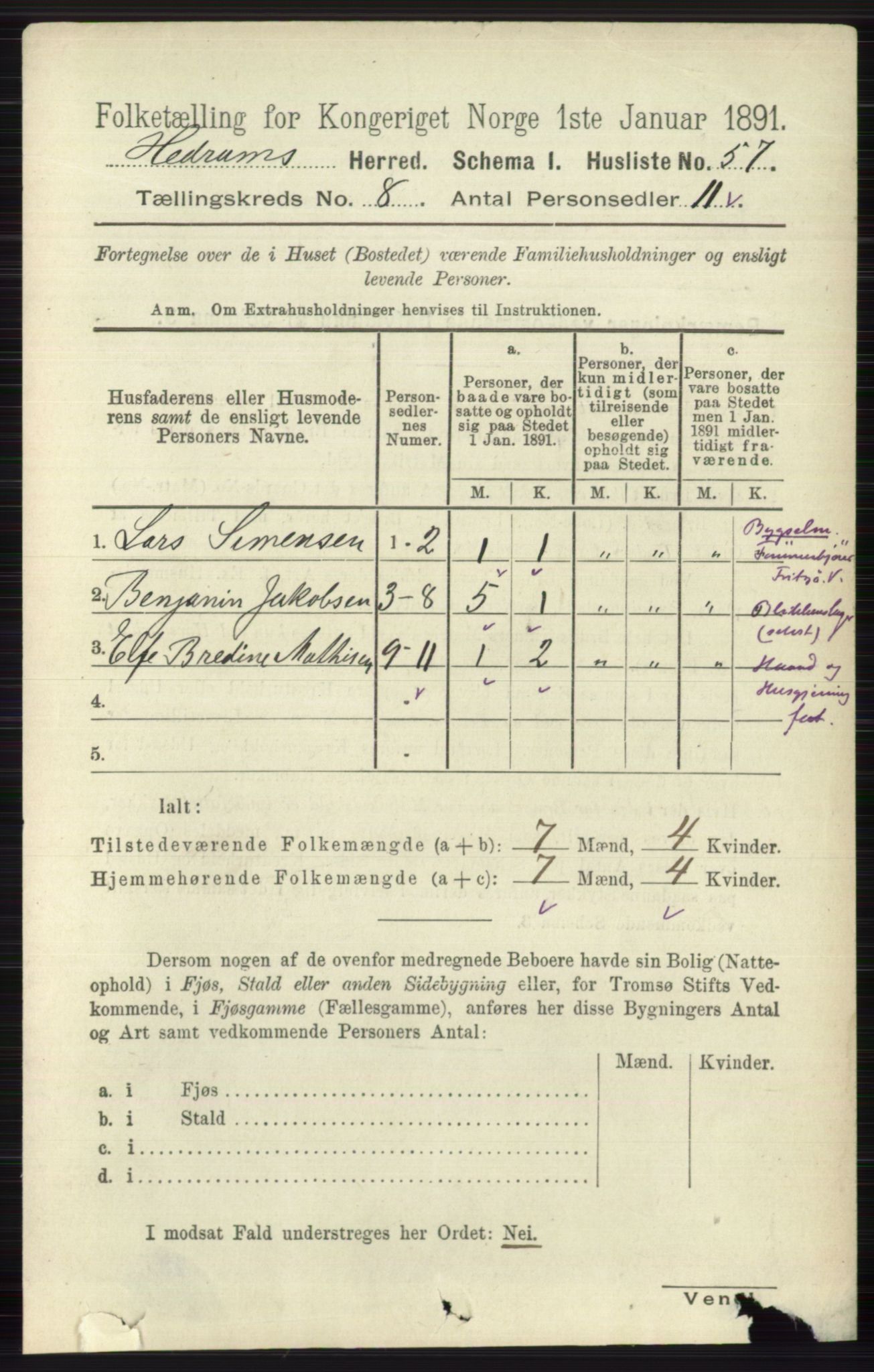 RA, 1891 census for 0727 Hedrum, 1891, p. 3465