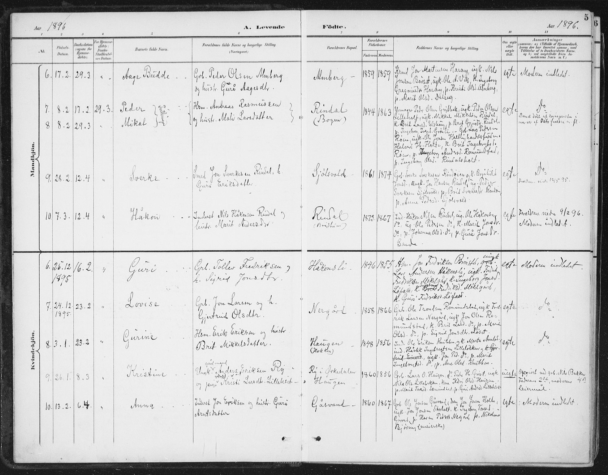 Ministerialprotokoller, klokkerbøker og fødselsregistre - Møre og Romsdal, AV/SAT-A-1454/598/L1072: Parish register (official) no. 598A06, 1896-1910, p. 5