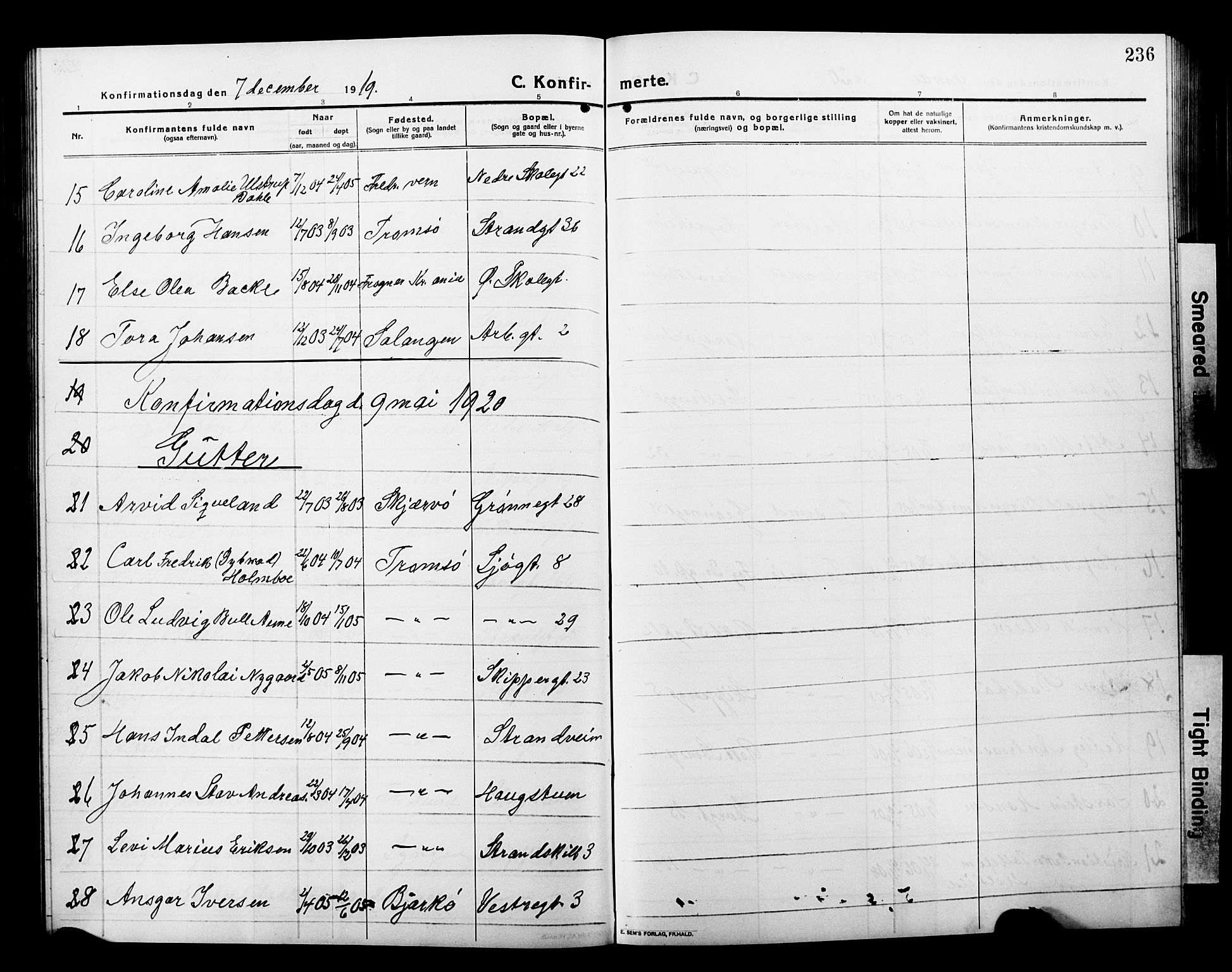 Tromsø sokneprestkontor/stiftsprosti/domprosti, AV/SATØ-S-1343/G/Gb/L0009klokker: Parish register (copy) no. 9, 1915-1925, p. 236