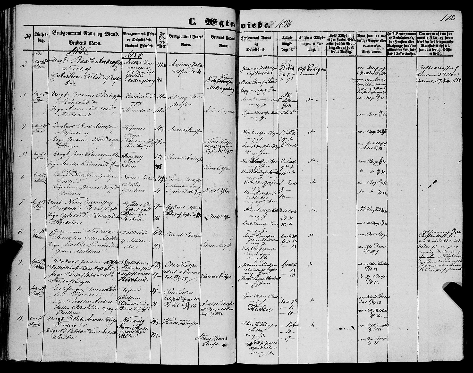 Fana Sokneprestembete, SAB/A-75101/H/Haa/Haaa/L0011: Parish register (official) no. A 11, 1851-1862, p. 172