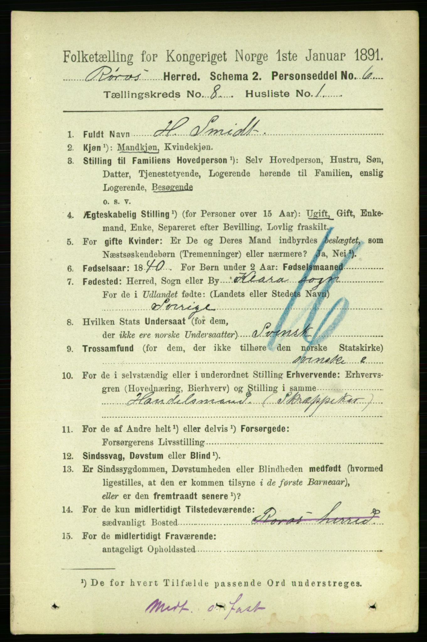 RA, 1891 census for 1640 Røros, 1891, p. 1610