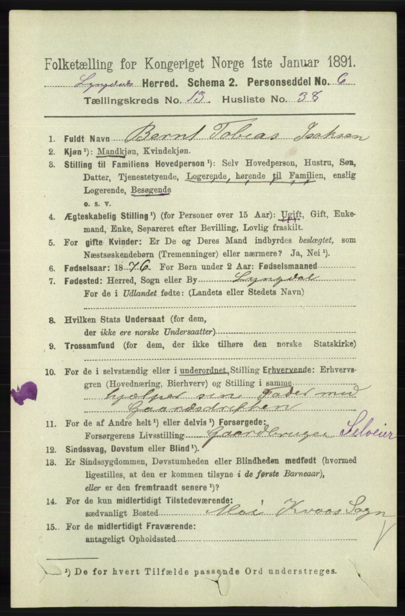 RA, 1891 census for 1032 Lyngdal, 1891, p. 5799