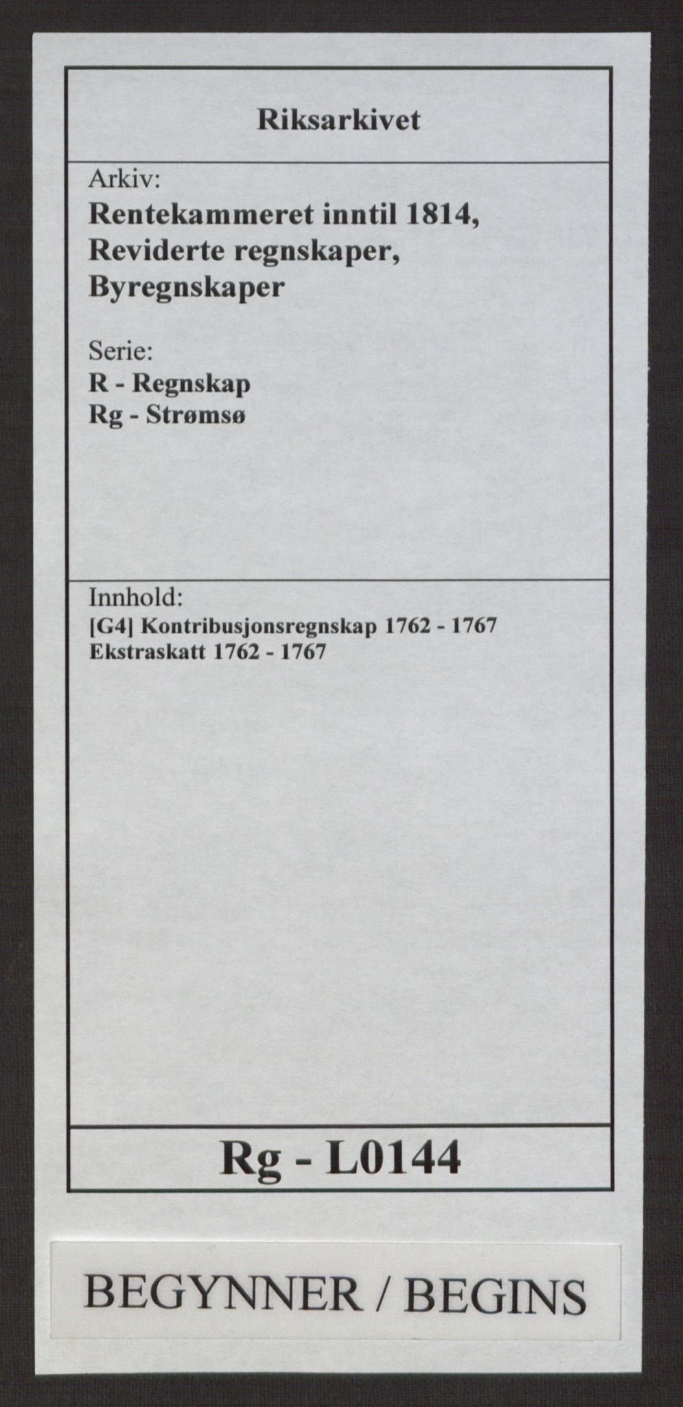 Rentekammeret inntil 1814, Reviderte regnskaper, Byregnskaper, RA/EA-4066/R/Rg/L0144/0001: [G4] Kontribusjonsregnskap / Ekstraskatt, 1762-1767, p. 1