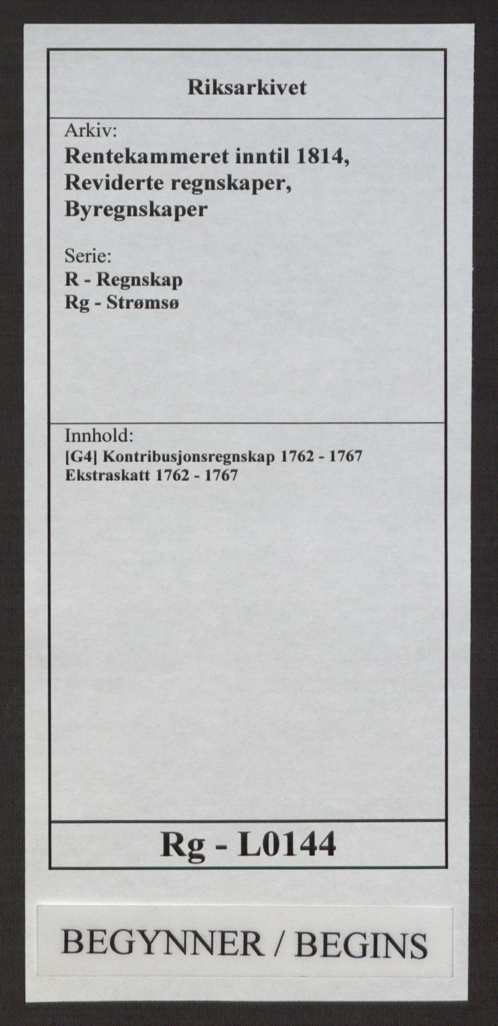 Rentekammeret inntil 1814, Reviderte regnskaper, Byregnskaper, AV/RA-EA-4066/R/Rg/L0144/0001: [G4] Kontribusjonsregnskap / Ekstraskatt, 1762-1767, p. 1