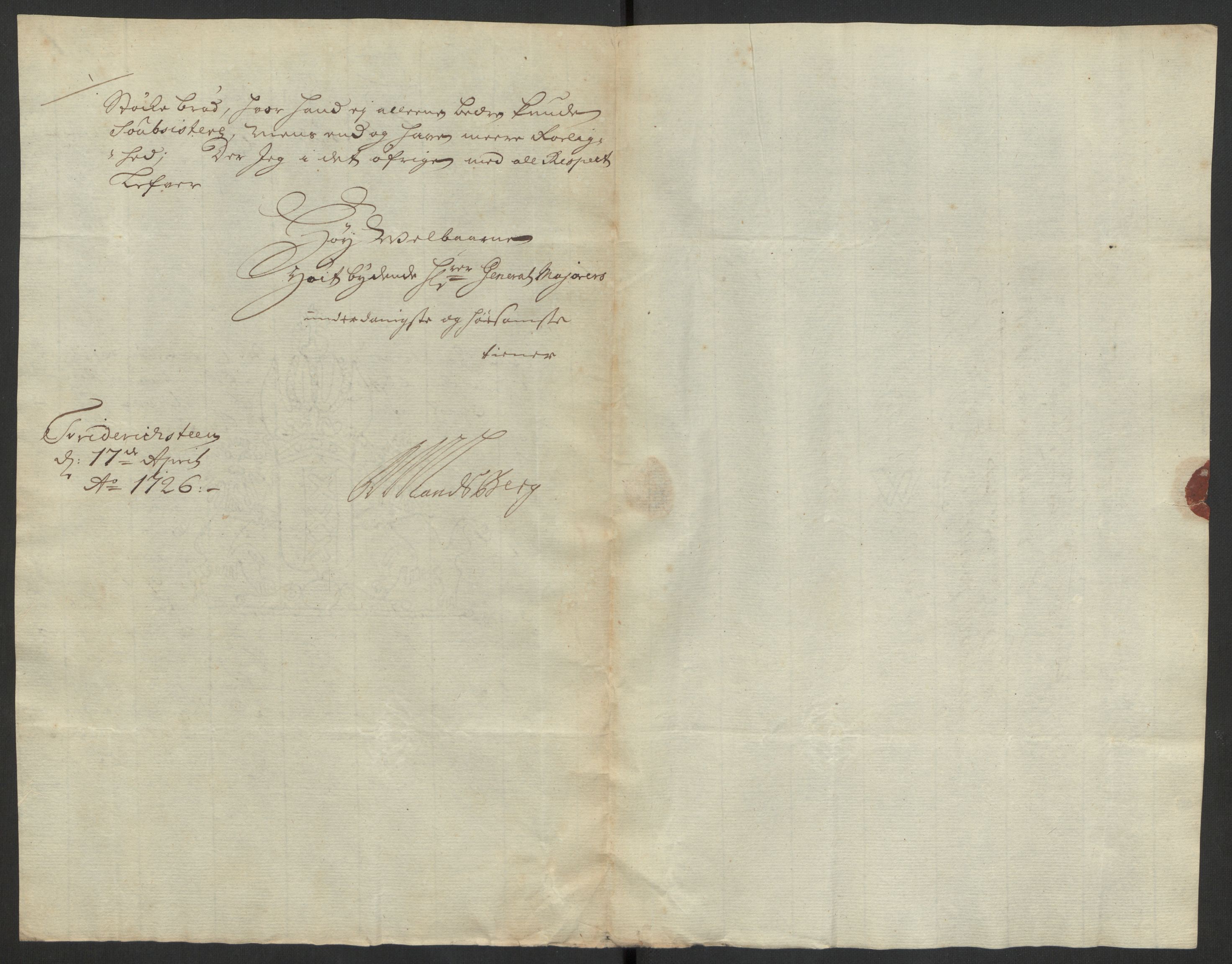 Kommanderende general (KG I) med Det norske krigsdirektorium, AV/RA-EA-5419/D/L0153: Fredriksten festning: Brev, inventarfortegnelser og regnskapsekstrakter, 1724-1729, p. 322