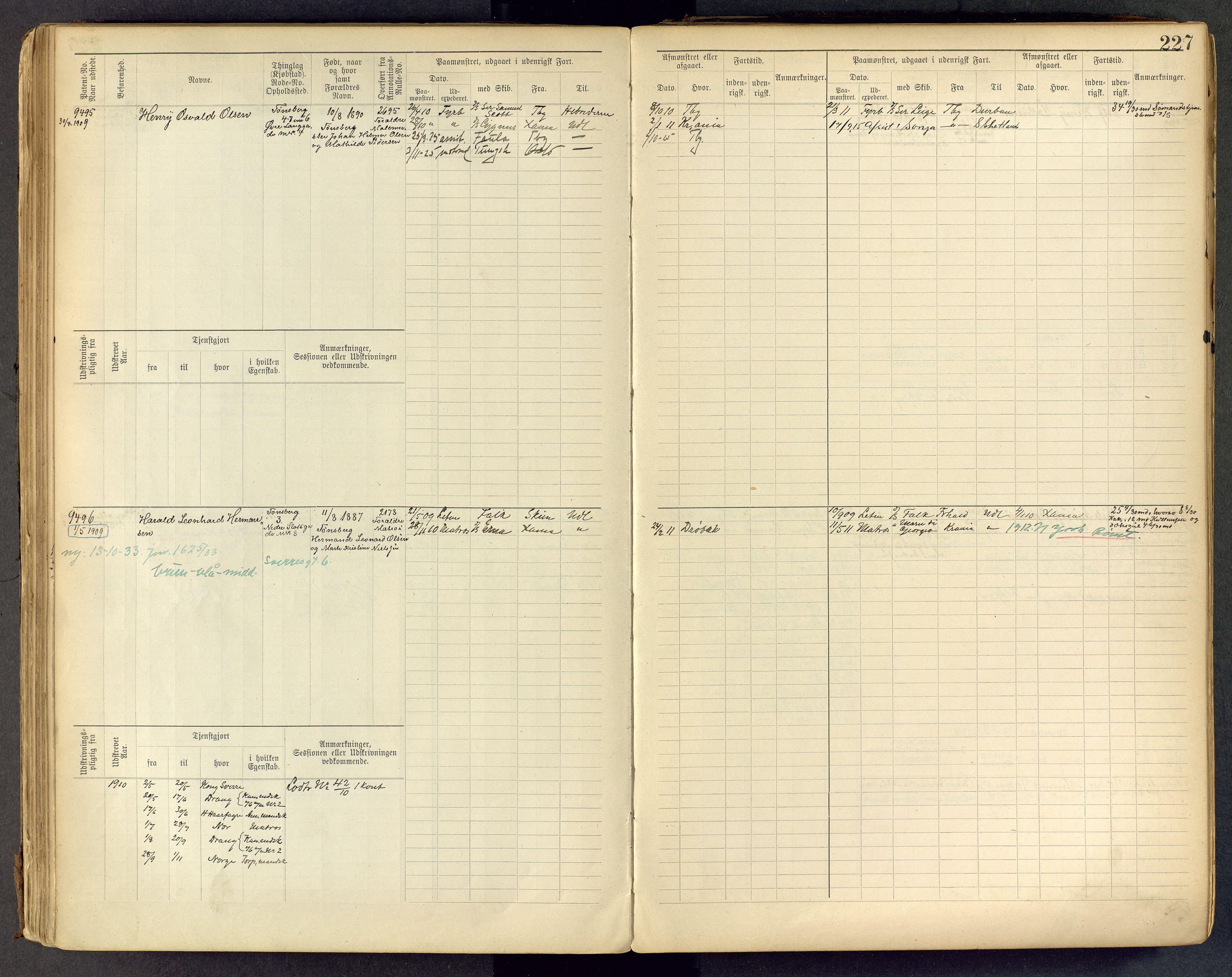 Tønsberg innrulleringskontor, AV/SAKO-A-786/F/Fc/Fcb/L0009: Hovedrulle Patent nr. 9043-9992, 1900-1921, p. 227