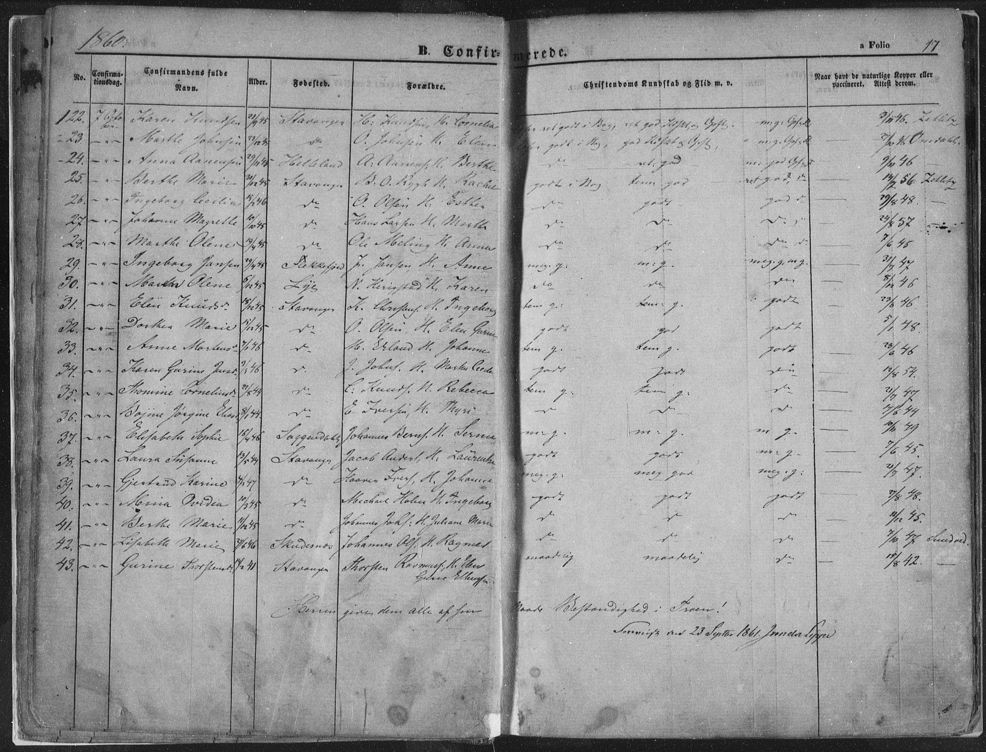 Domkirken sokneprestkontor, AV/SAST-A-101812/001/30/30BA/L0018: Parish register (official) no. A 17, 1857-1877, p. 17