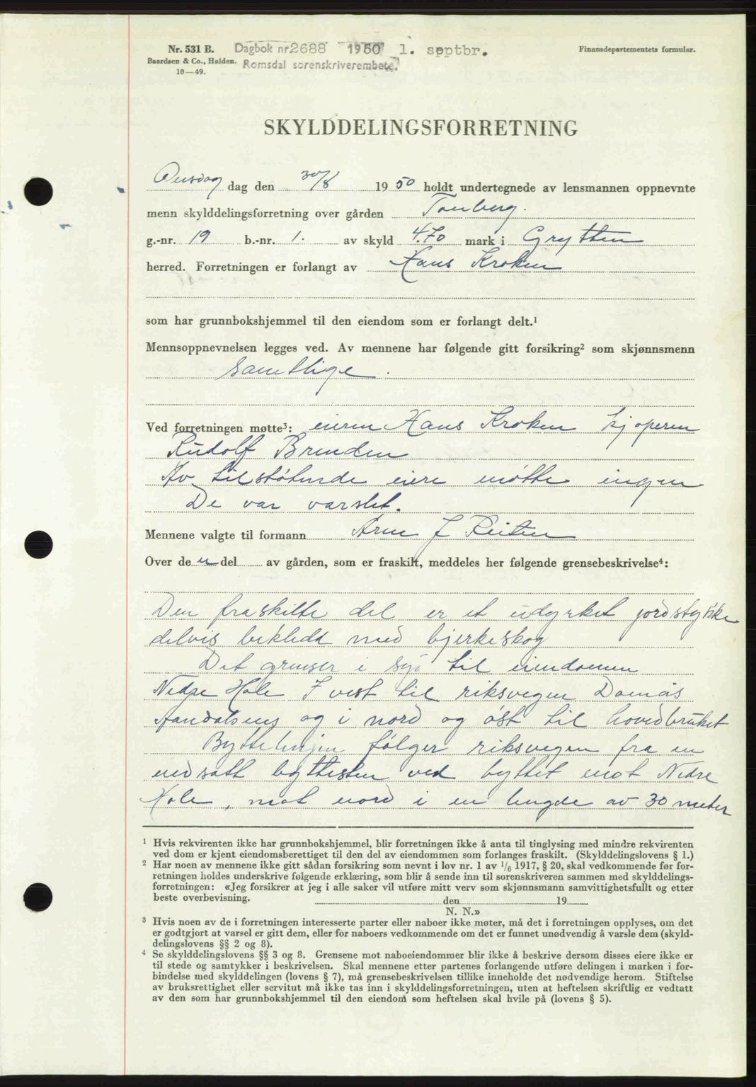 Romsdal sorenskriveri, AV/SAT-A-4149/1/2/2C: Mortgage book no. A34, 1950-1950, Diary no: : 2688/1950