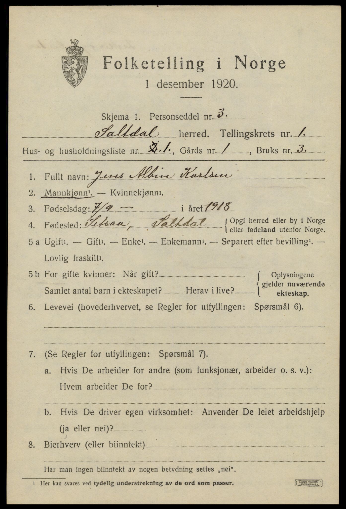 SAT, 1920 census for Saltdal, 1920, p. 1239