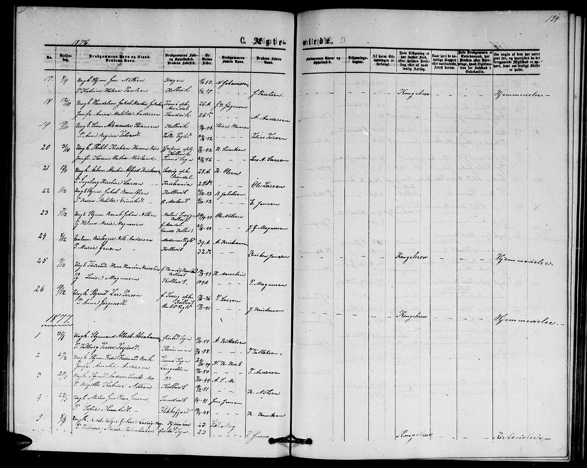 Hisøy sokneprestkontor, SAK/1111-0020/F/Fb/L0002: Parish register (copy) no. B 2, 1873-1885, p. 154