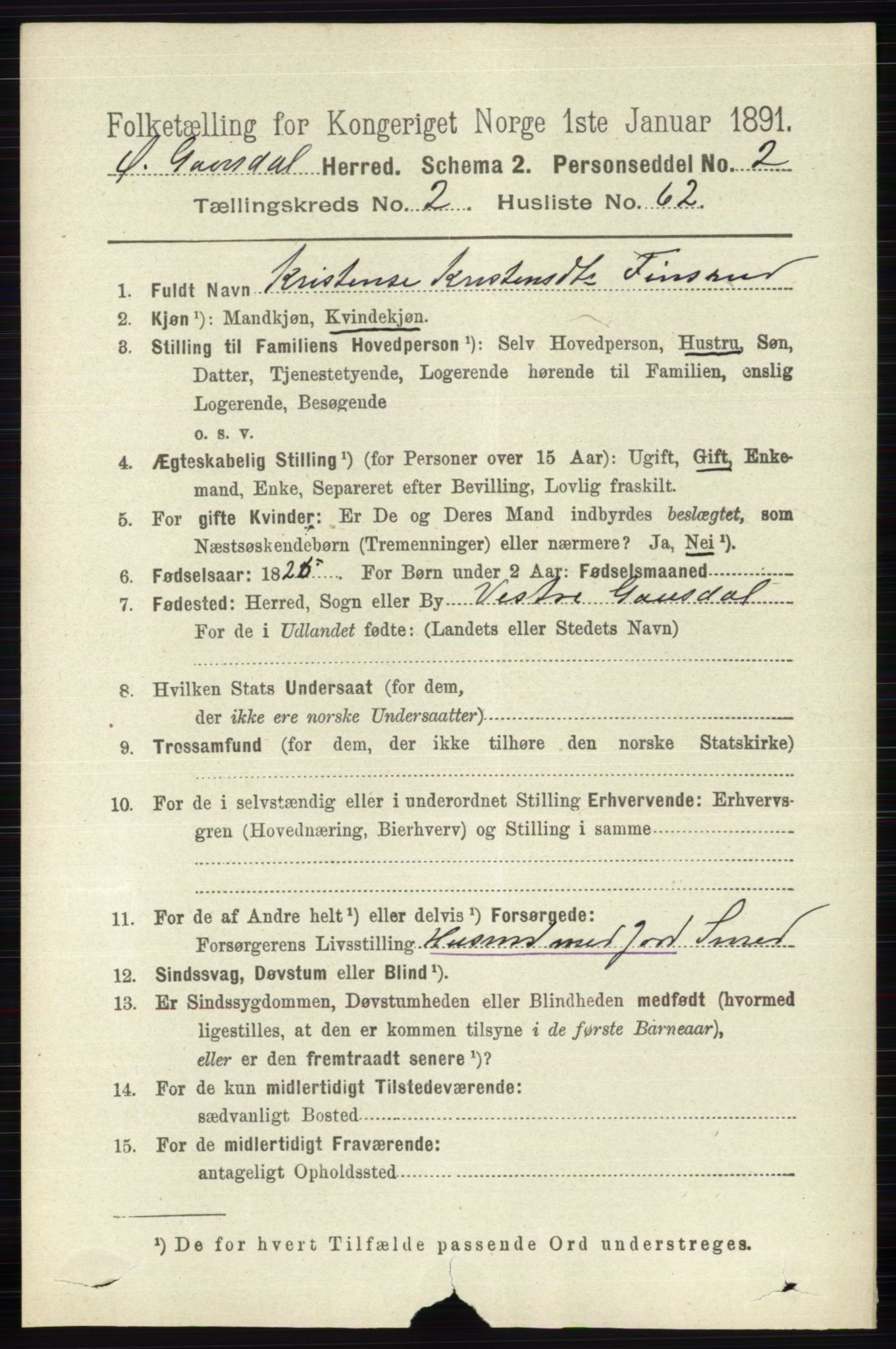 RA, 1891 census for 0522 Østre Gausdal, 1891, p. 1603