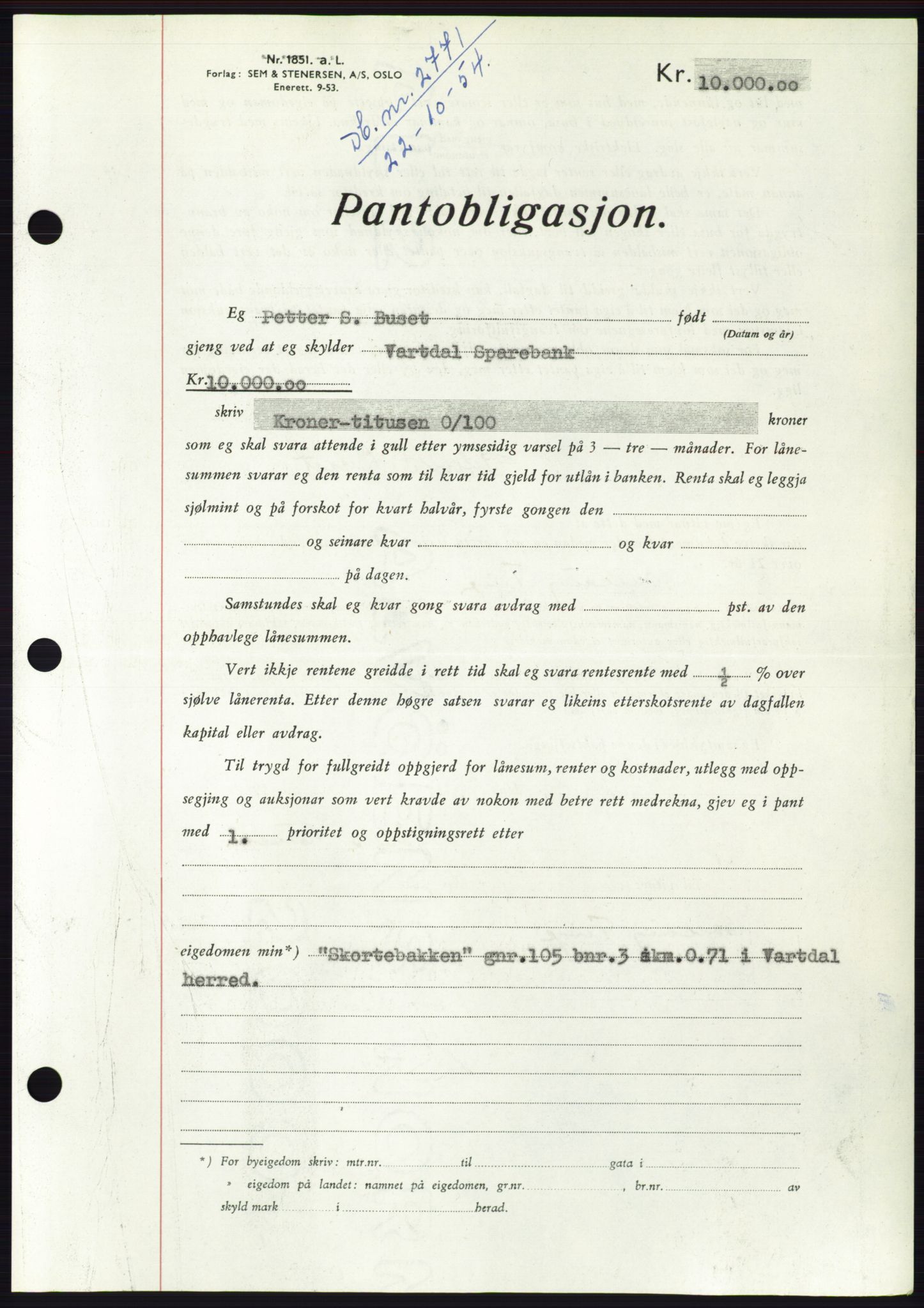 Søre Sunnmøre sorenskriveri, AV/SAT-A-4122/1/2/2C/L0126: Mortgage book no. 14B, 1954-1955, Diary no: : 2771/1954