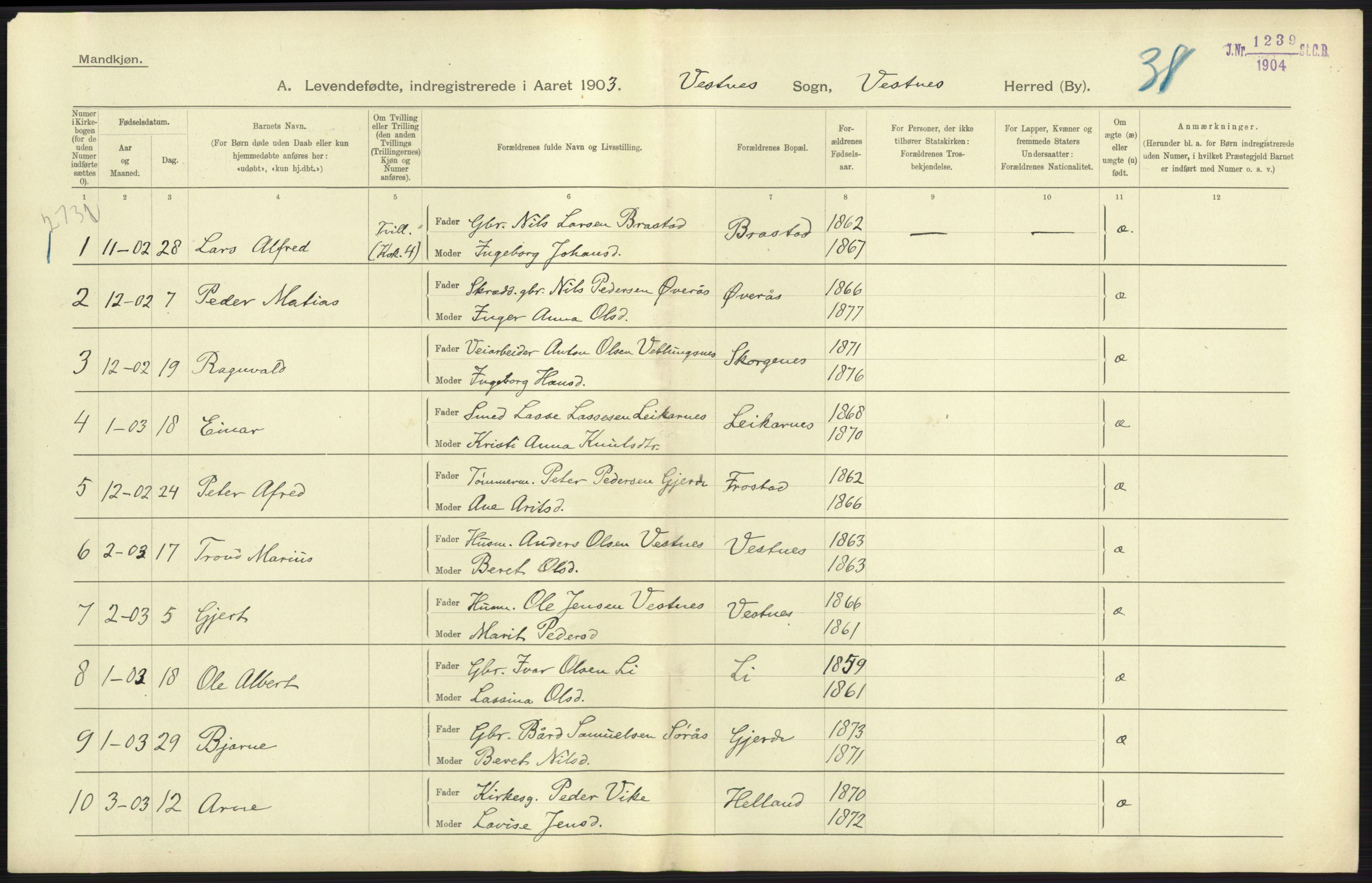 Statistisk sentralbyrå, Sosiodemografiske emner, Befolkning, AV/RA-S-2228/D/Df/Dfa/Dfaa/L0016: Romsdal amt: Fødte, gifte, døde., 1903, p. 27