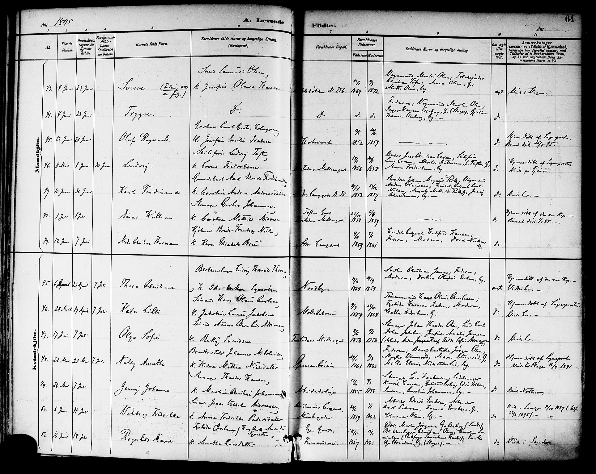 Tønsberg kirkebøker, SAKO/A-330/F/Fa/L0012: Parish register (official) no. I 12, 1891-1899, p. 64