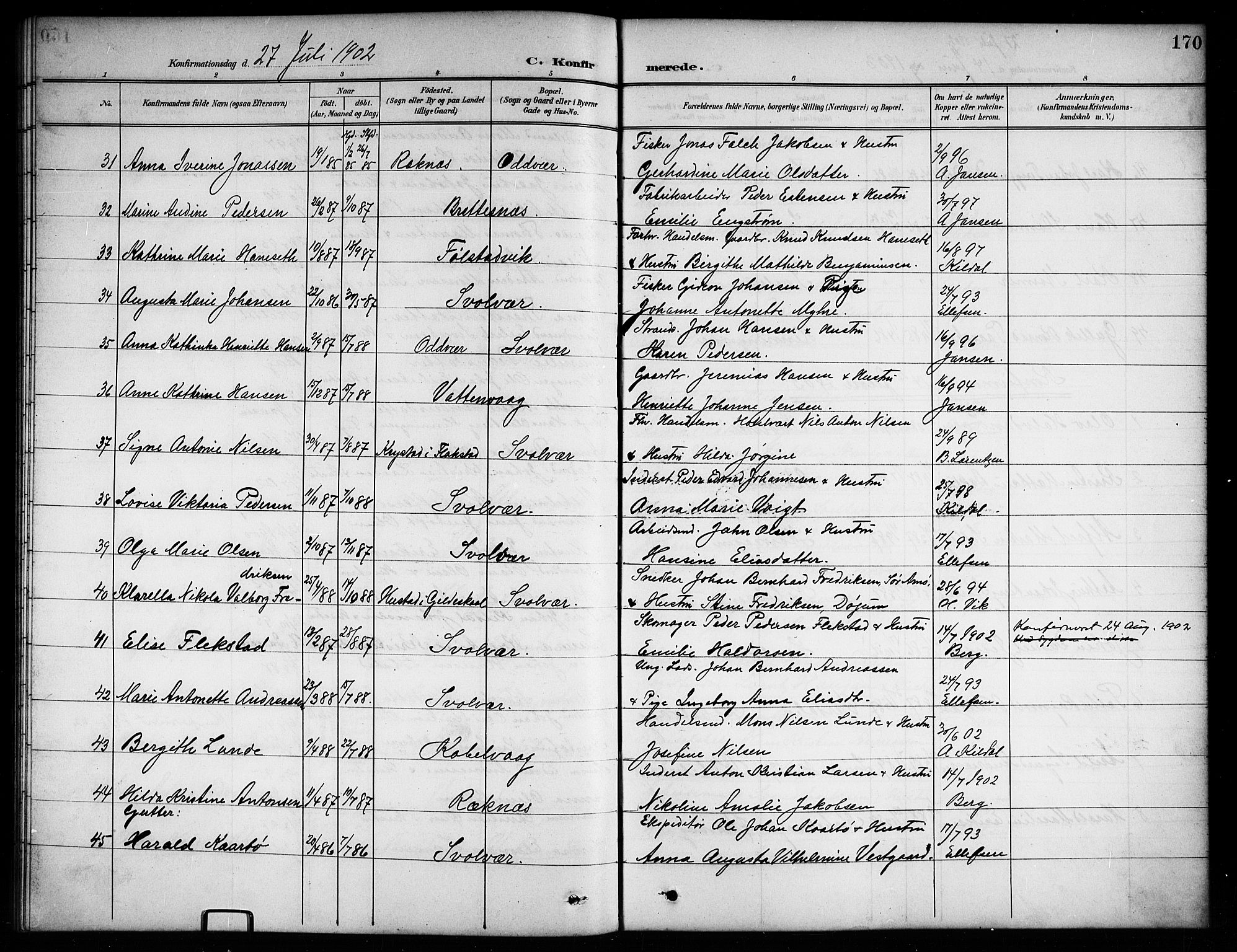 Ministerialprotokoller, klokkerbøker og fødselsregistre - Nordland, AV/SAT-A-1459/874/L1078: Parish register (copy) no. 874C07, 1900-1907, p. 170