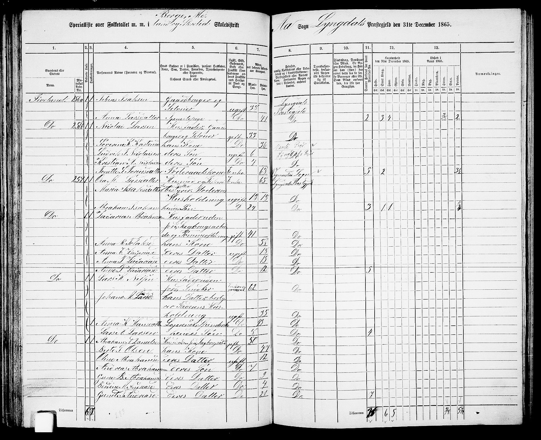 RA, 1865 census for Lyngdal, 1865, p. 122