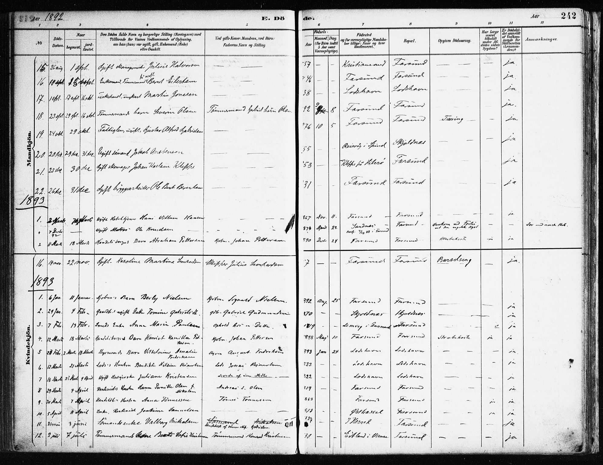 Farsund sokneprestkontor, SAK/1111-0009/F/Fa/L0006: Parish register (official) no. A 6, 1887-1920, p. 242