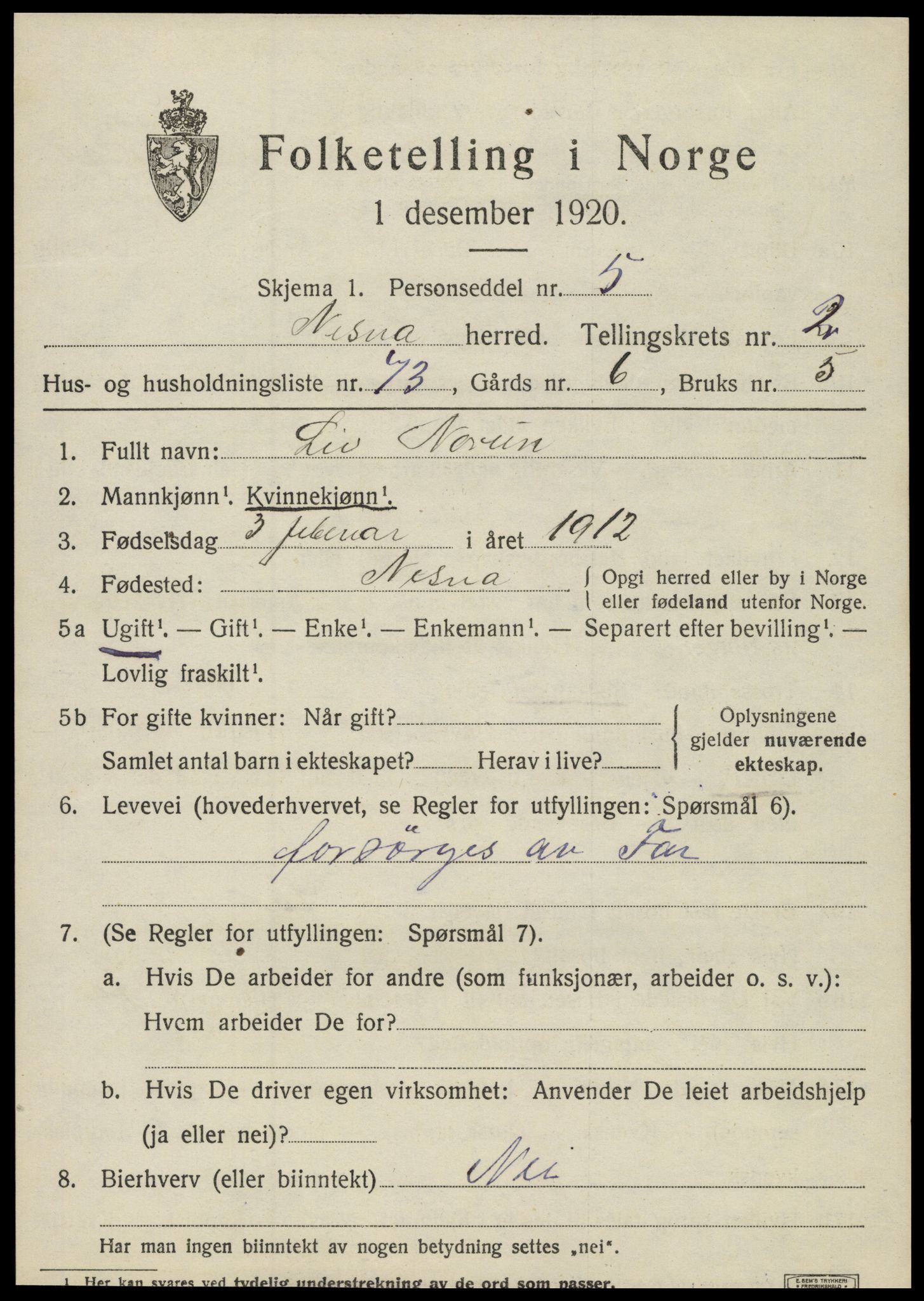 SAT, 1920 census for Nesna, 1920, p. 2555