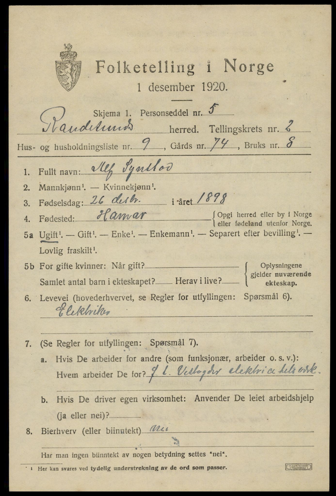 SAK, 1920 census for Randesund, 1920, p. 1170
