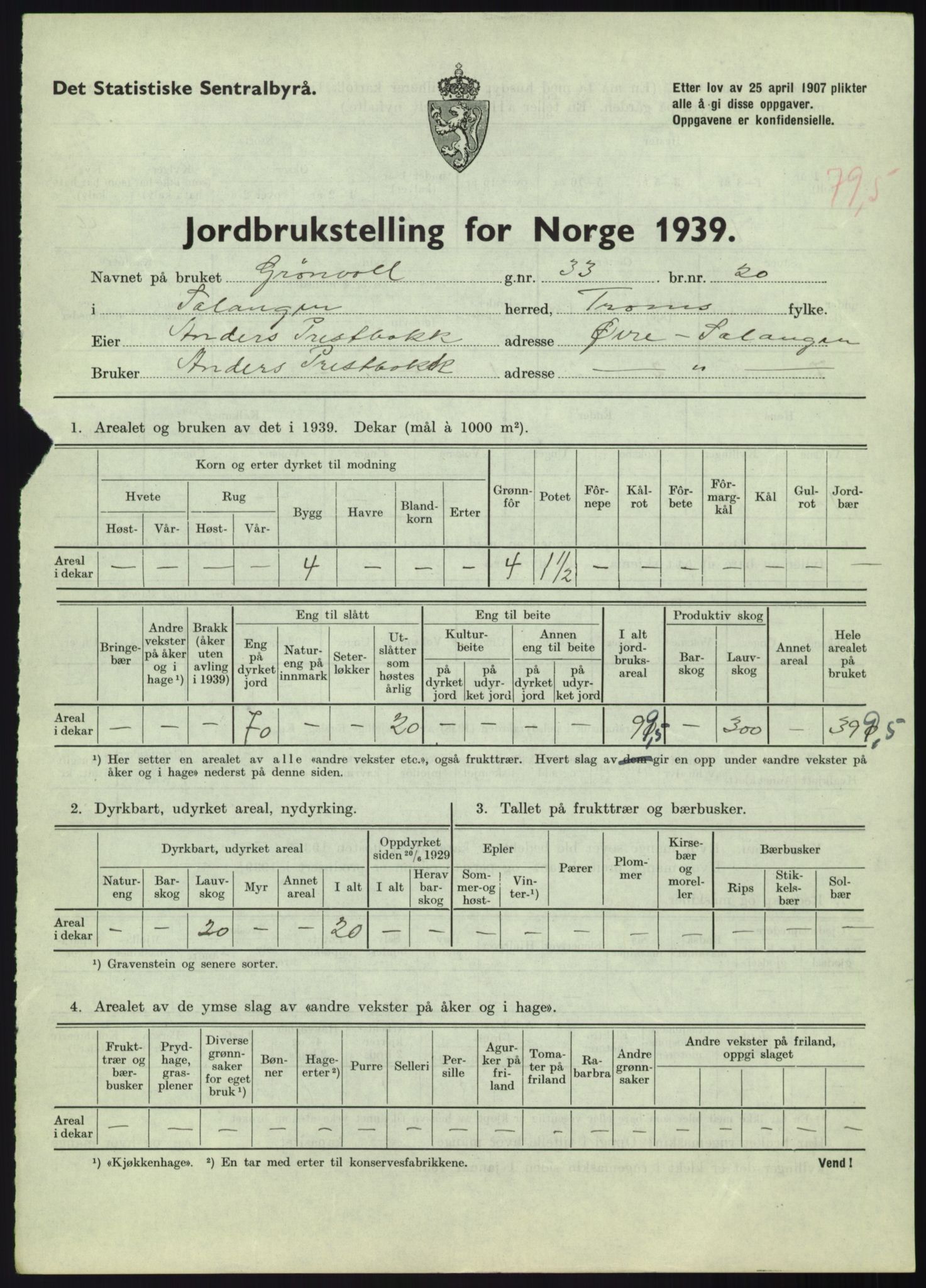 Statistisk sentralbyrå, Næringsøkonomiske emner, Jordbruk, skogbruk, jakt, fiske og fangst, AV/RA-S-2234/G/Gb/L0340: Troms: Salangen og Dyrøy, 1939, p. 774