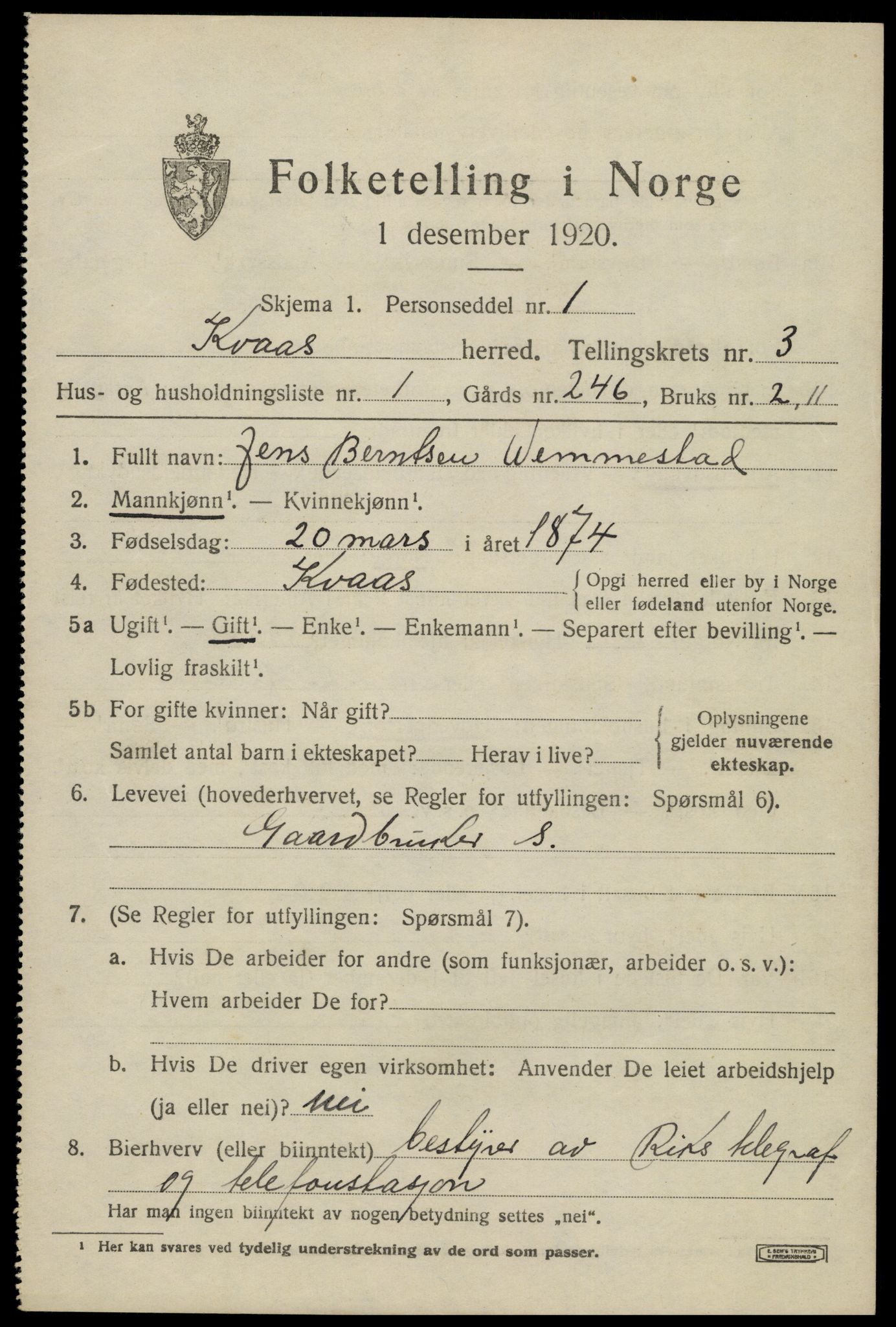 SAK, 1920 census for Kvås, 1920, p. 774