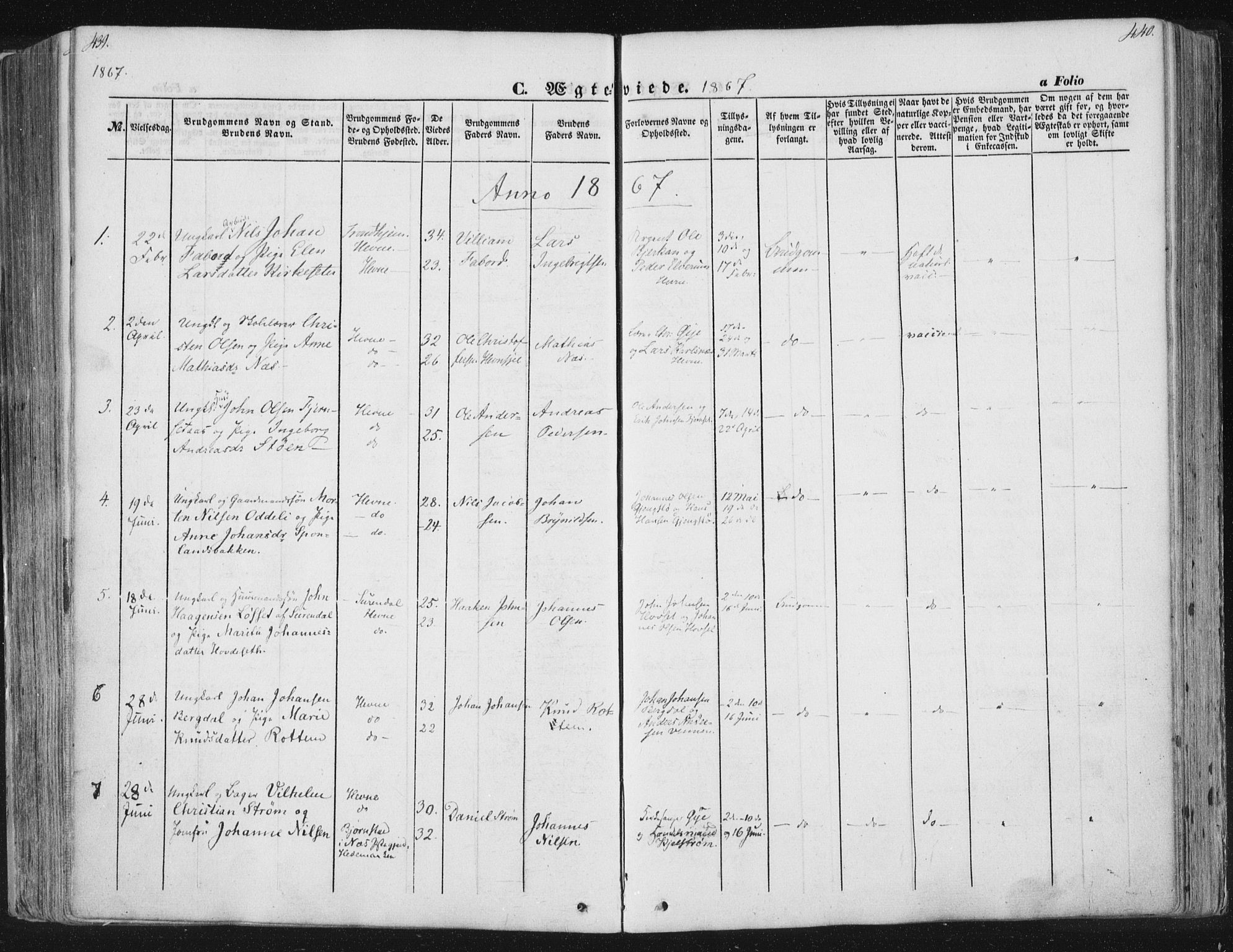 Ministerialprotokoller, klokkerbøker og fødselsregistre - Sør-Trøndelag, AV/SAT-A-1456/630/L0494: Parish register (official) no. 630A07, 1852-1868, p. 439-440