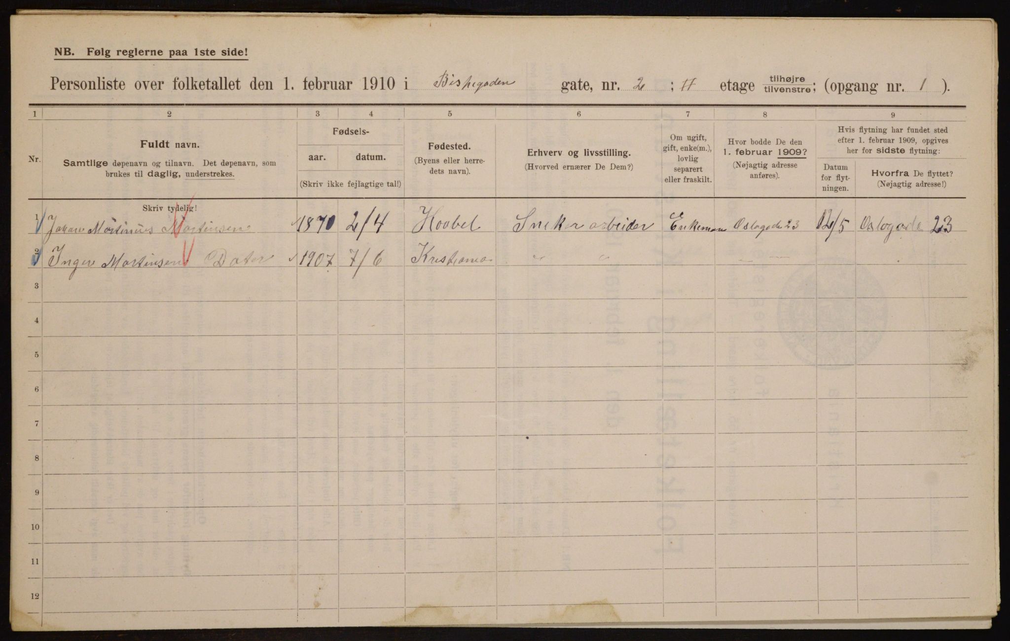 OBA, Municipal Census 1910 for Kristiania, 1910, p. 5167